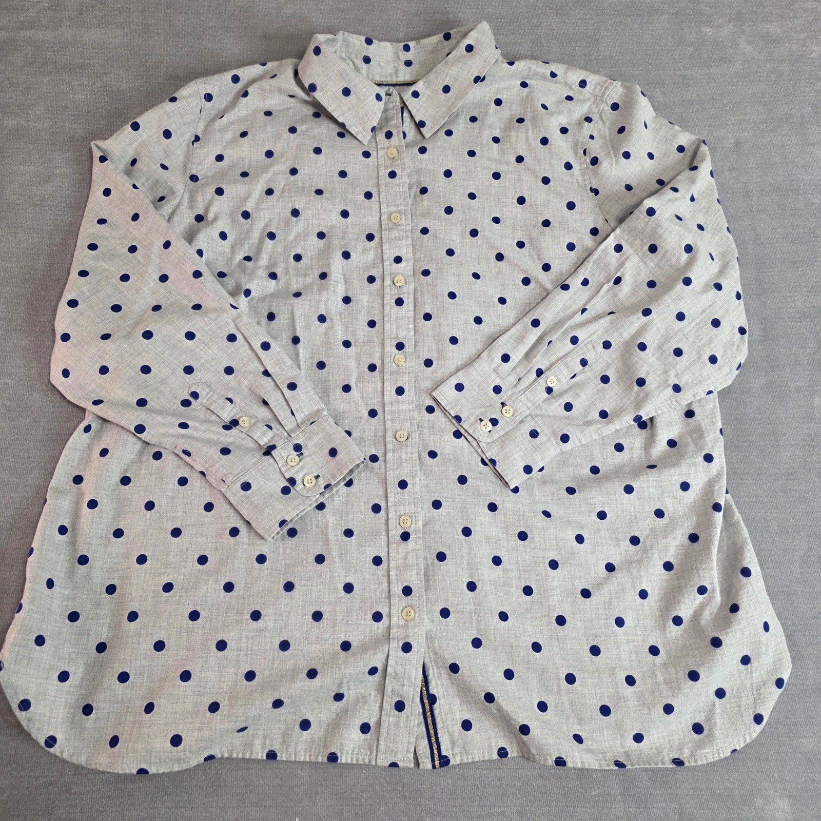 Talbots Button Up Shirt Womens 3X Grey Blue Polka Dot Cotton Long Sleeve Blouse