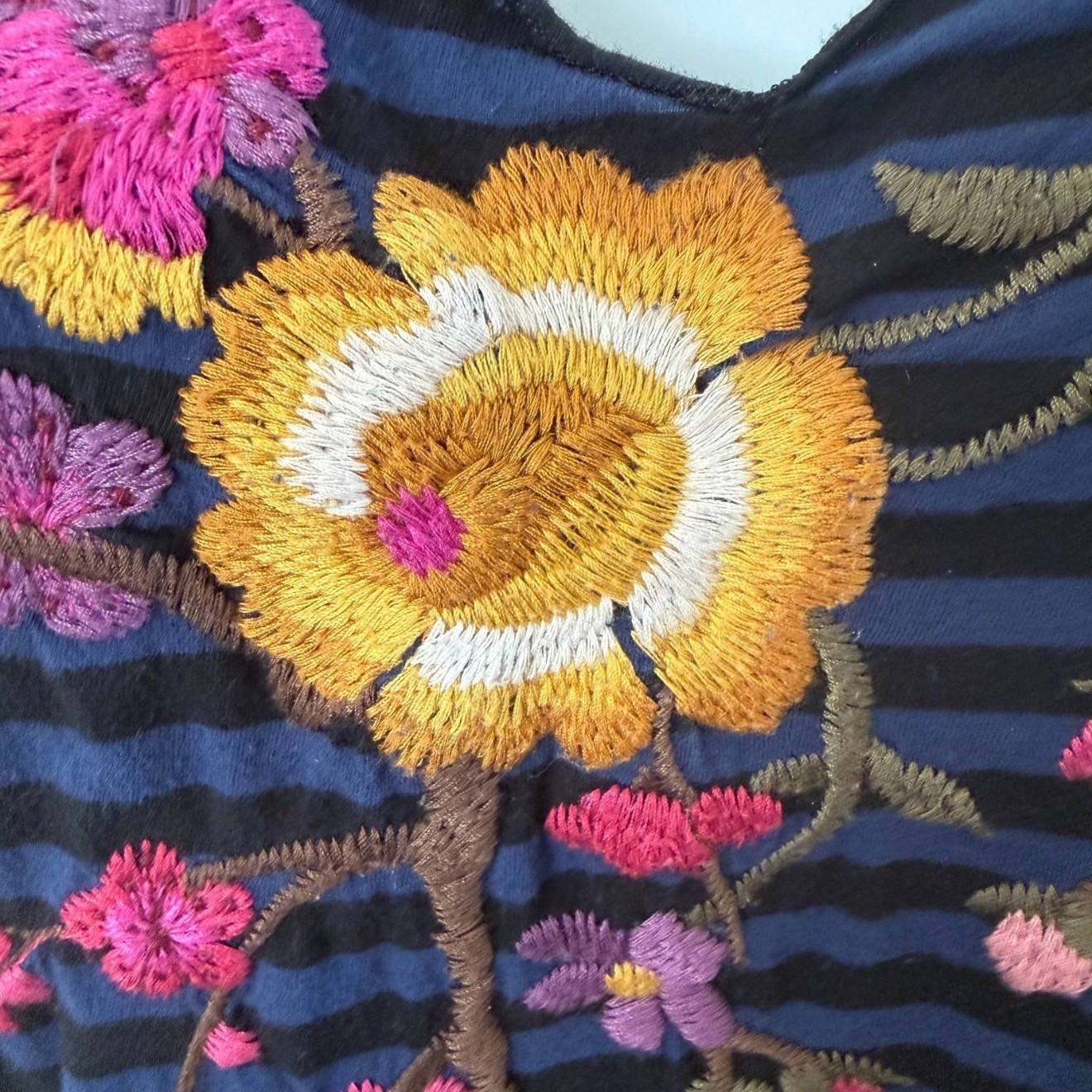 Johnny Was Stripe Embroidered Short Sleeve Cotton T-Shirt XL