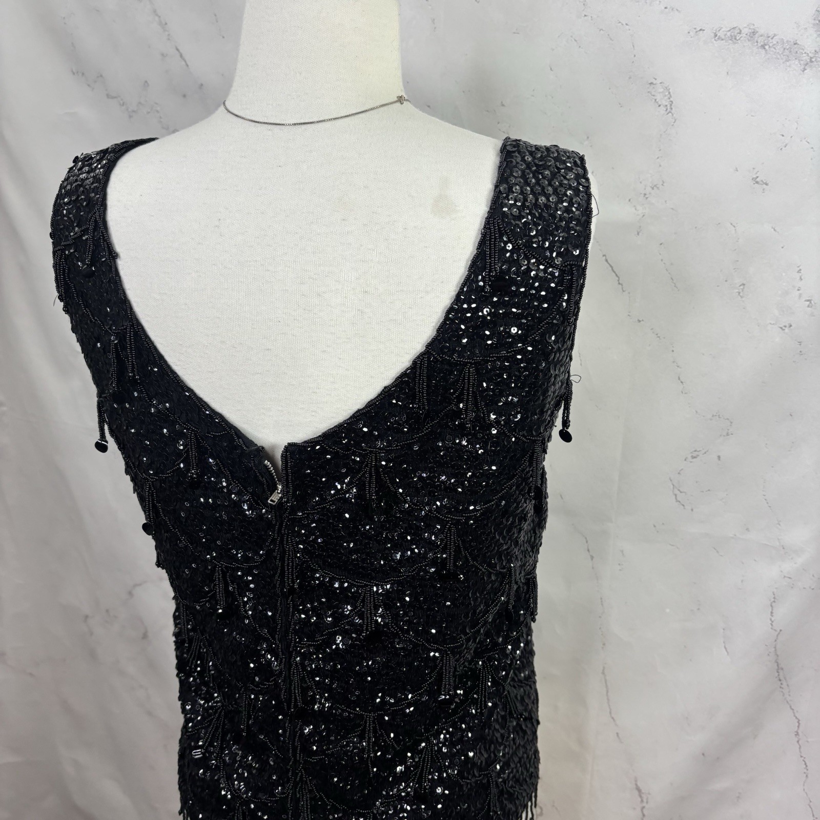 Vintage 60s Flapper Black Shiny Beaded Blouse Top Fringe Sequins Silk M Glam