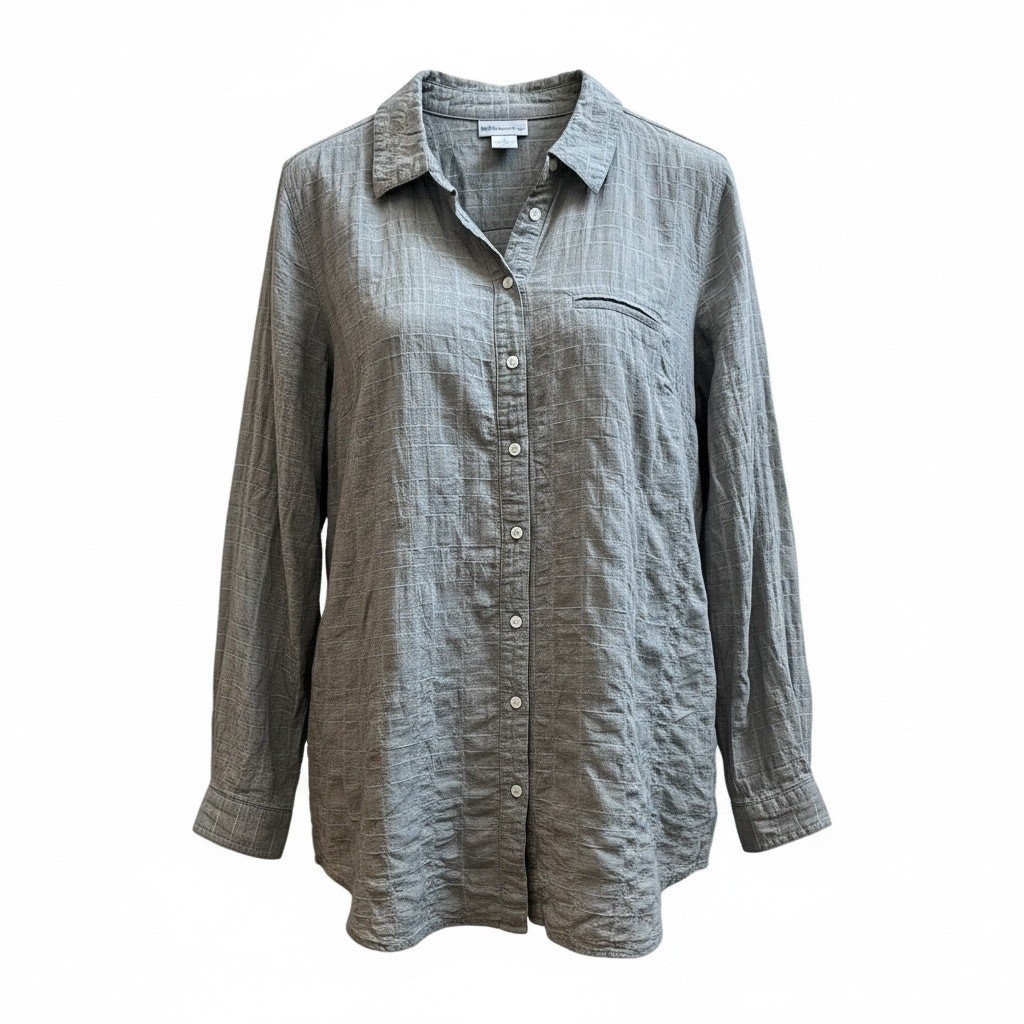 Soft Surroundings Wrinkle Crinkle Effect Roll Tab Sleeves Button Up Top Large
