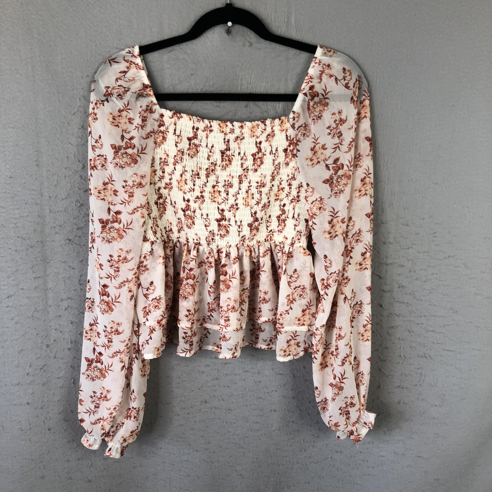 Festival Top Womens XL White Floral Smocked Peplum Square Neck Boho Feminine