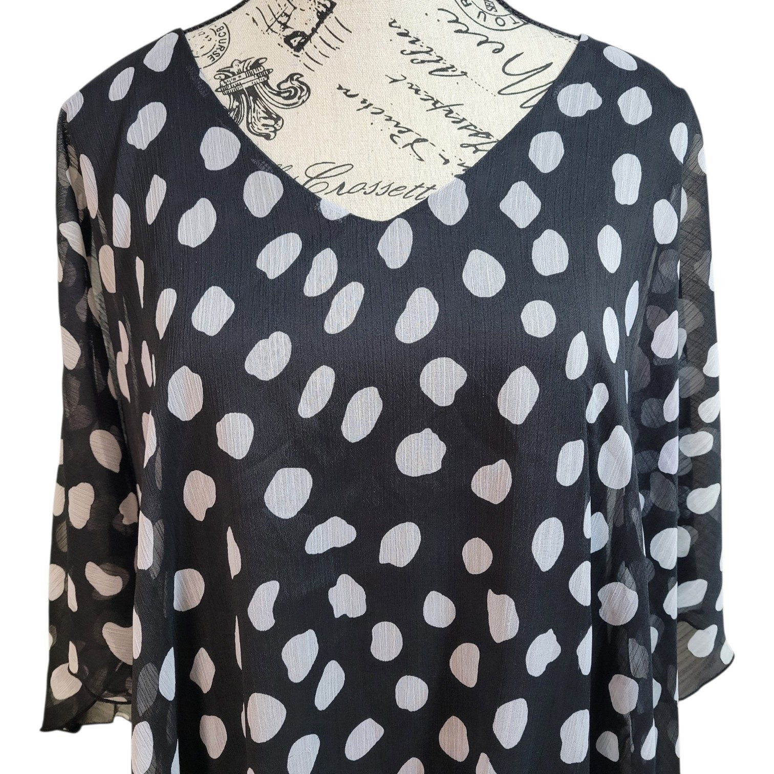 Women’s Zac & Rachel Black White Polka Dot Bat Wing Top Size L Flowy