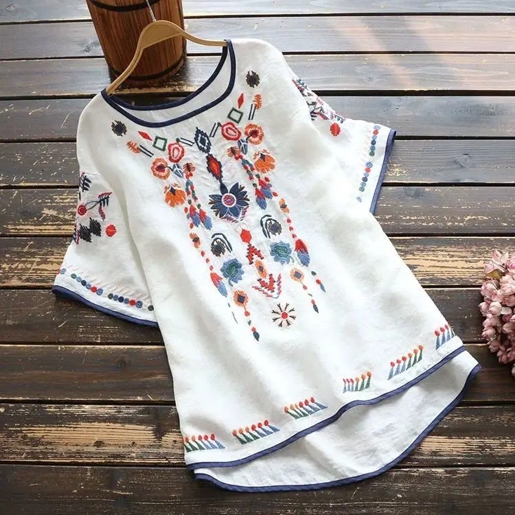 Women’s Embroidered Cotton Linen Blouse – Casual Summer Boho Top