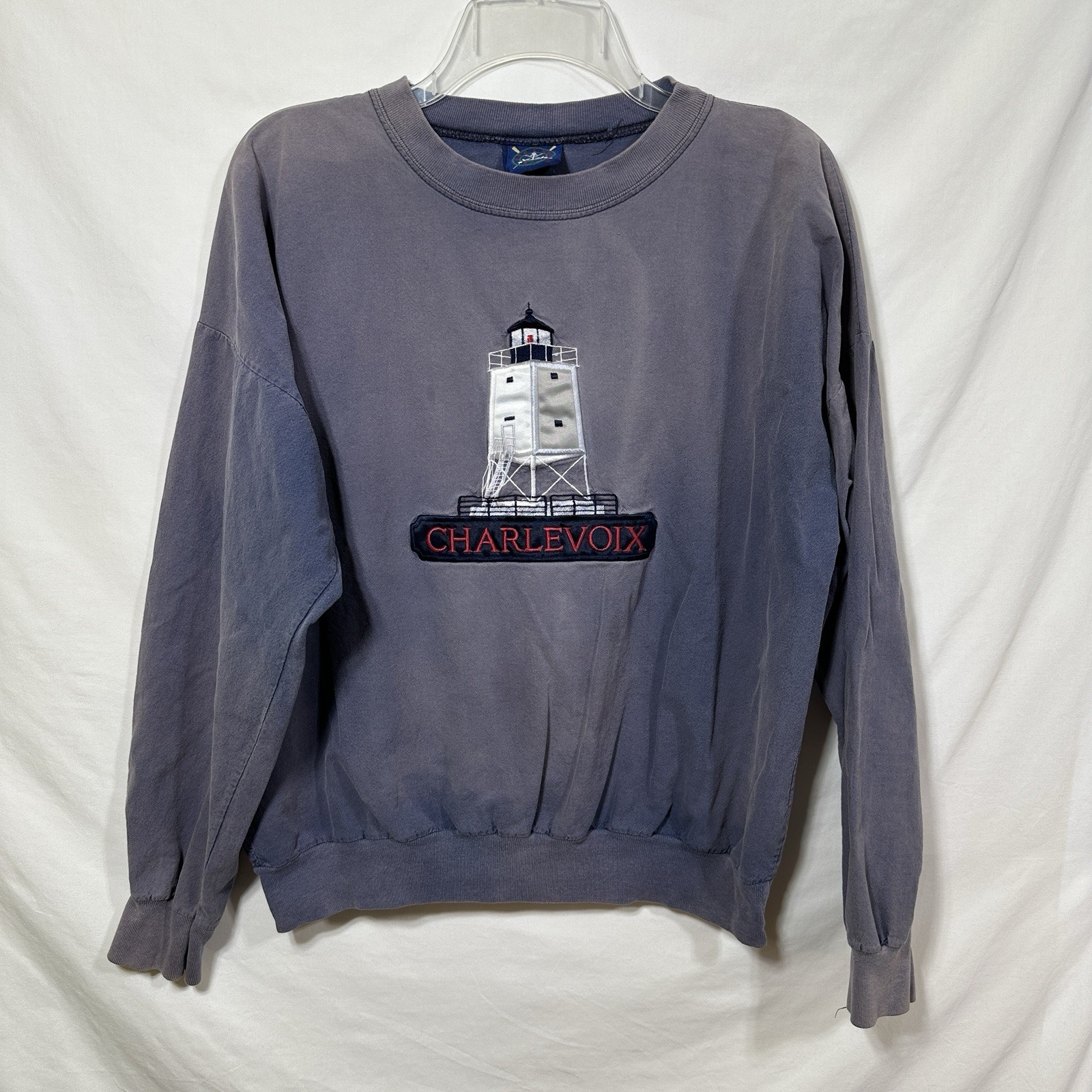 Vintage Distressed Charlevoix Long Sleeve Shirt Top Lighthouse Faded Medium USA