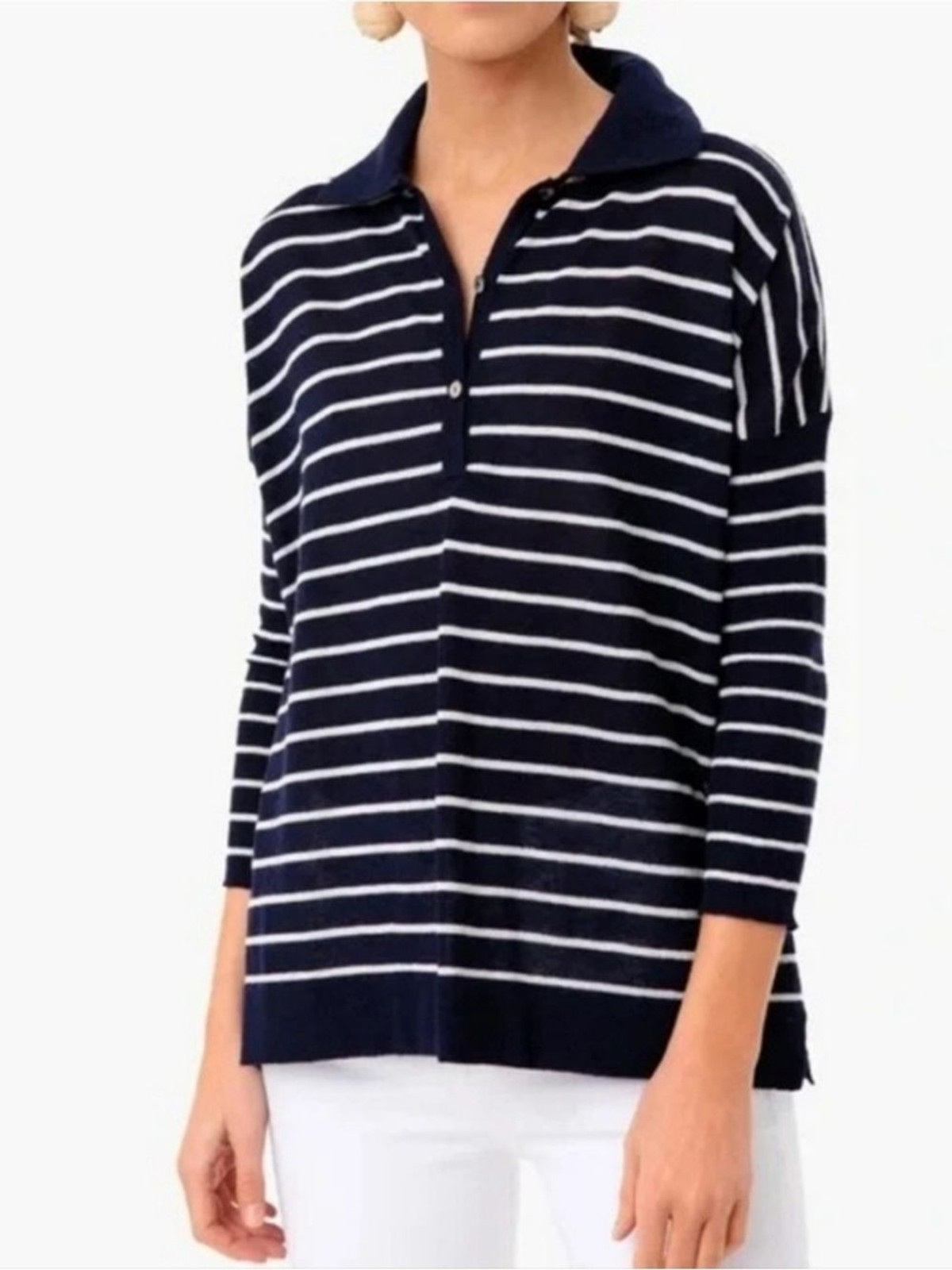 NWT Tuckernuck Striped Clayton Knit Polo Shirt Linen Blend 3/4 Sleeve Blue White