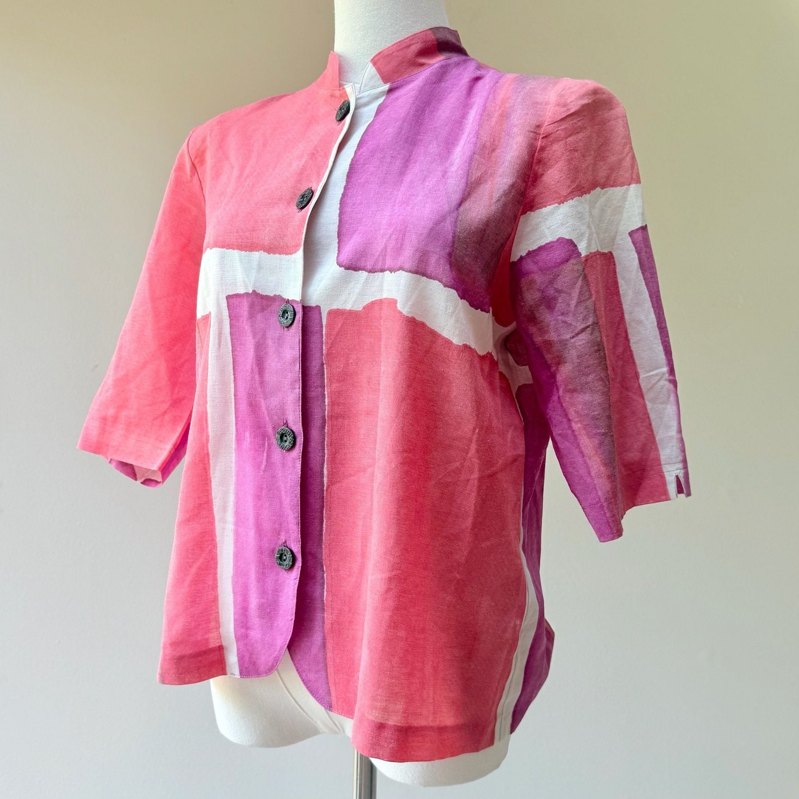 Vintage Pink Abstract Block Print Button-Down Shirt