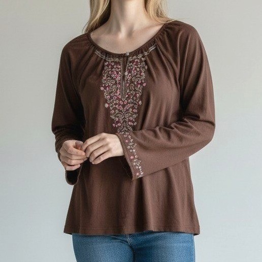 Sahalie Peasant Blouse Size Small Brown Embroidered BohoChic CottageEase Top