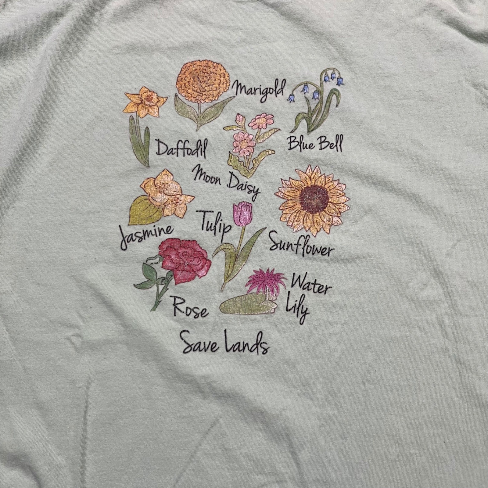 Save Lands Floral Graphic T-Shirt Mint Green Botanical Flowers Women L