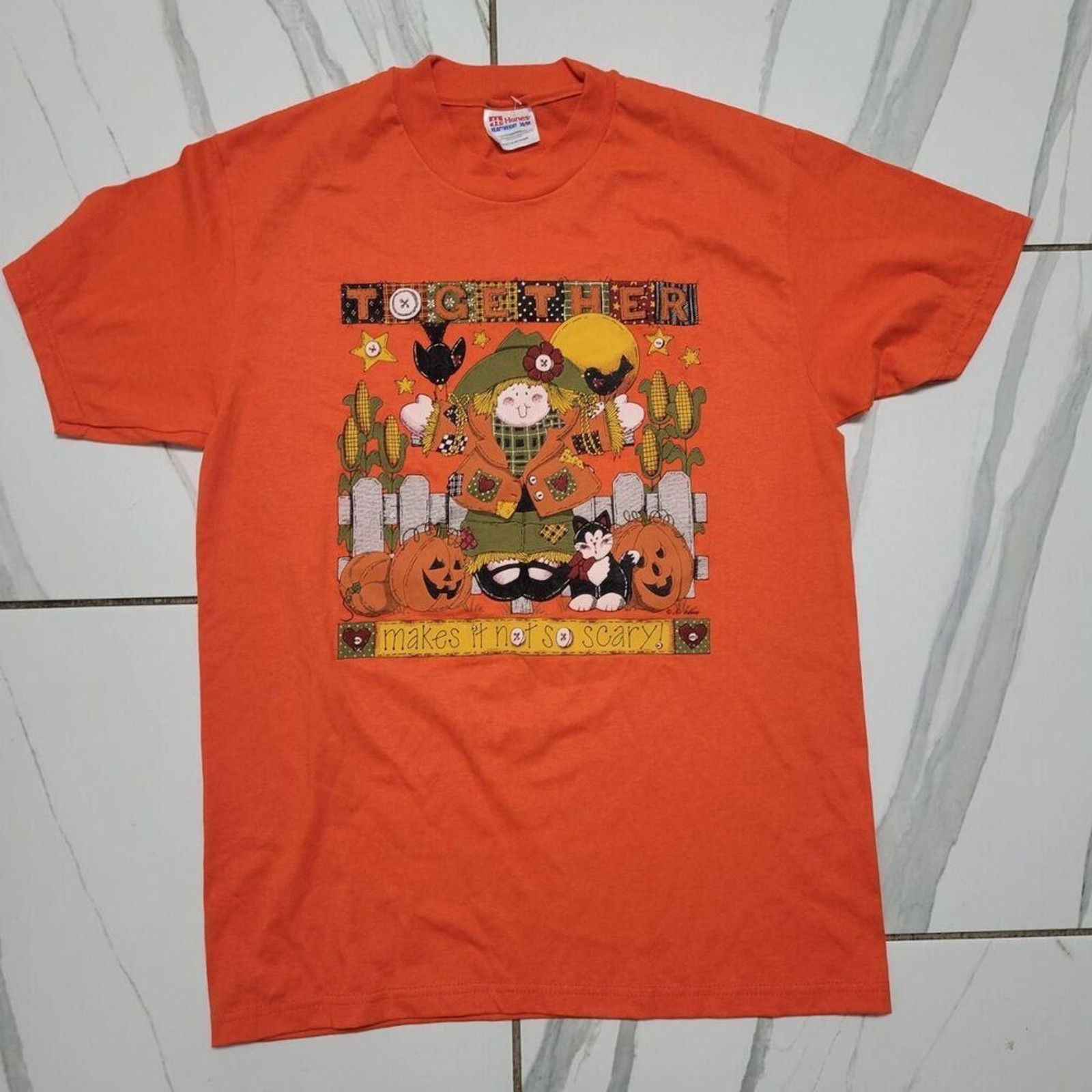Vintage 90s Halloween Scarecrow Black Cat Pumpkin Folk Art Tee