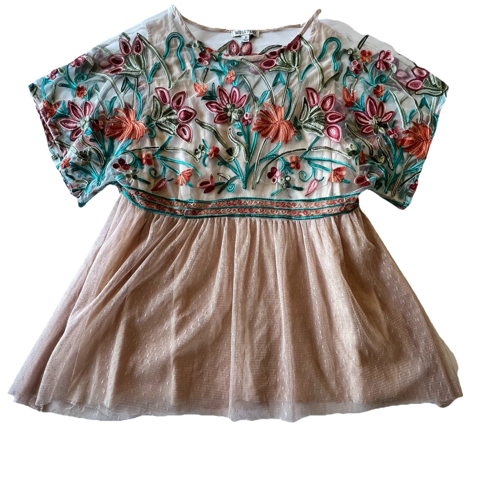 Tassels N Lace embroidered floral Tulle tunic top Sz S boho neutral Mesh Artsy