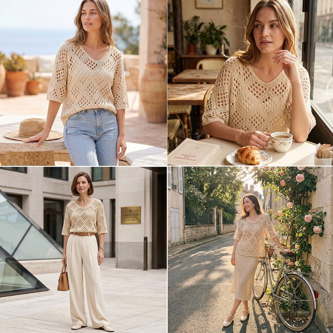 Women’s Bohemian-Inspired Beige Crochet Top with V-Neck