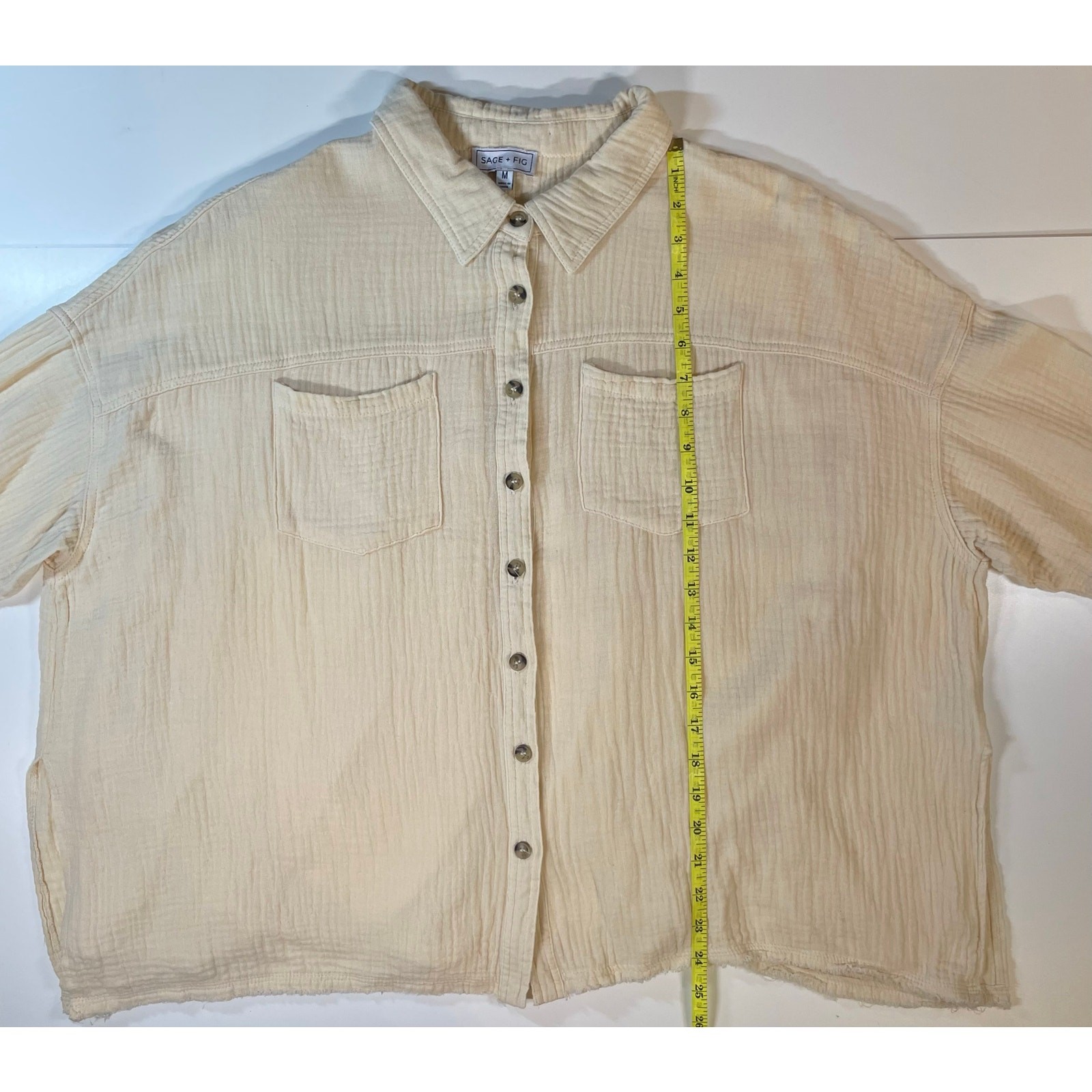 Sage + Fig Gauze Button Down Shirt Womens M Peach Cream Boxy Flowy Top coastal