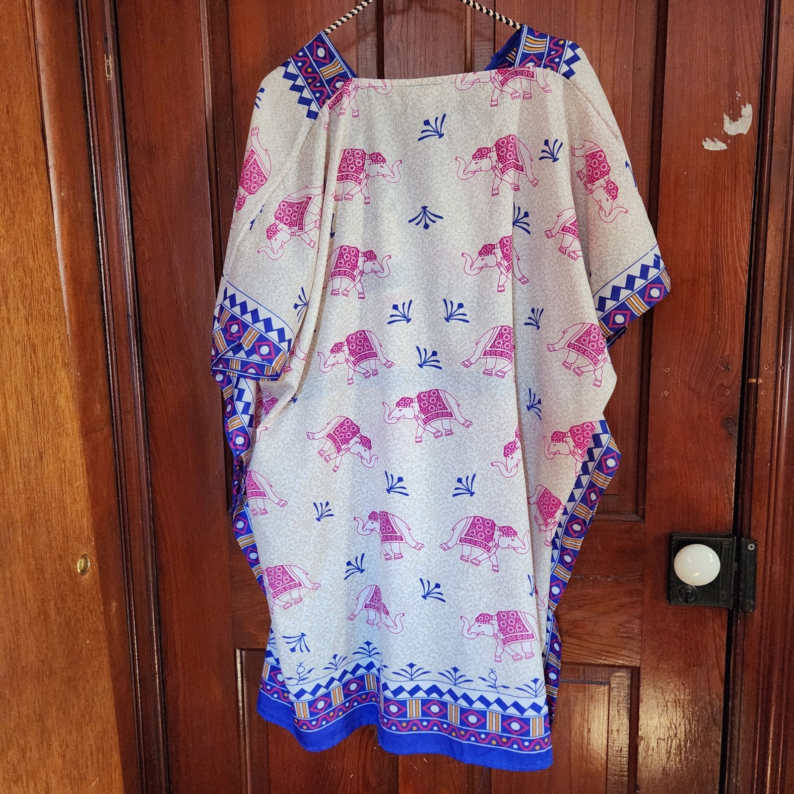 Cute Options India Elephant Kaftan Tunic Rayon Blue Pink Boho Free Size OS Top