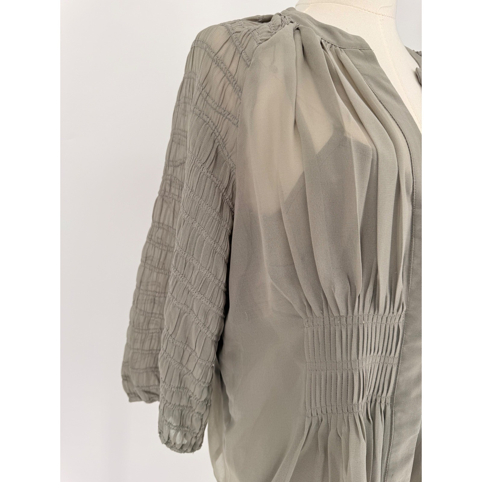 French Connection Elegant Gray Sheer Peplum Blouse Smocked Sleeve V Neck