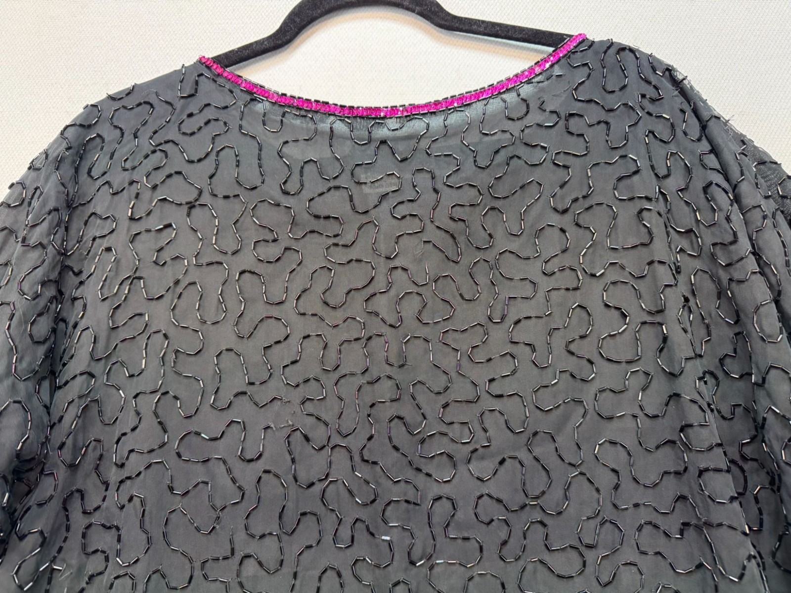 Vintage Cee Cee Black Silk Sequin Embellished Top Beaded Floral Design Size XL