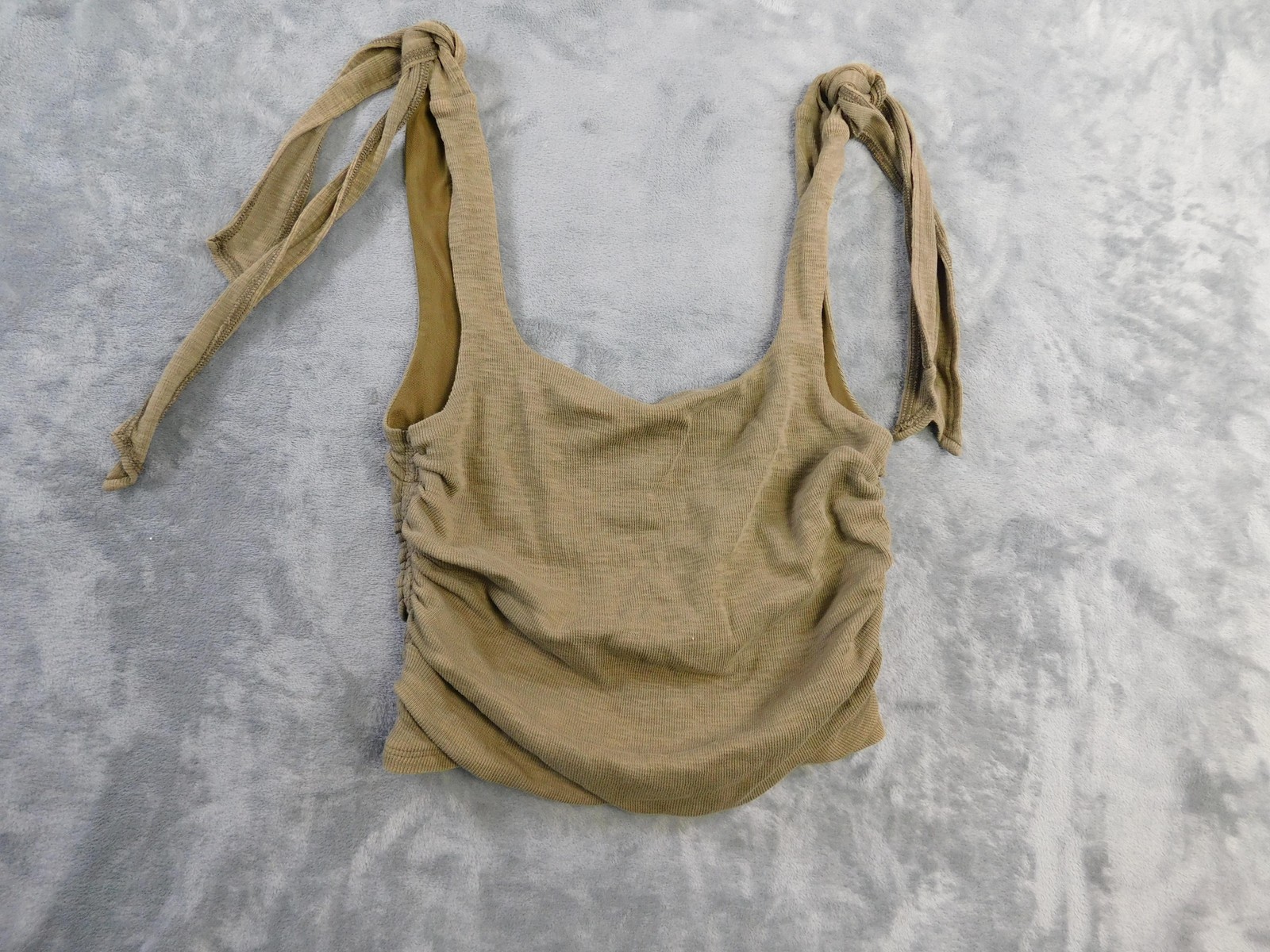 Free People Tank Top Womens Small Olive Green Tie Shoulder Ruched Ribbed Cropped