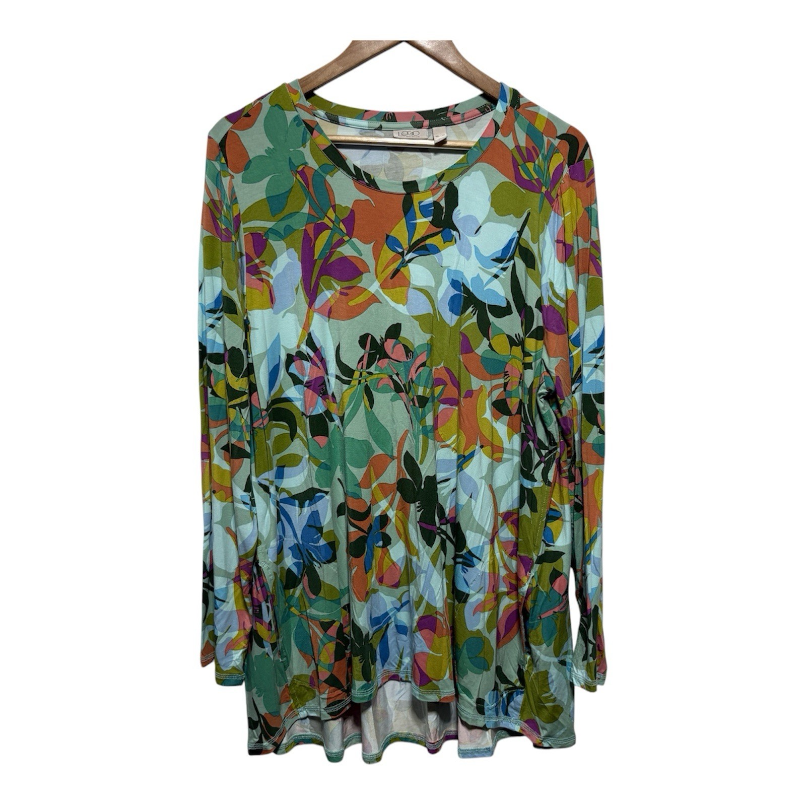 LOGO Lori Goldstein Tunic Womens XL Colorful Floral Tropical Long Sleeve Stretch