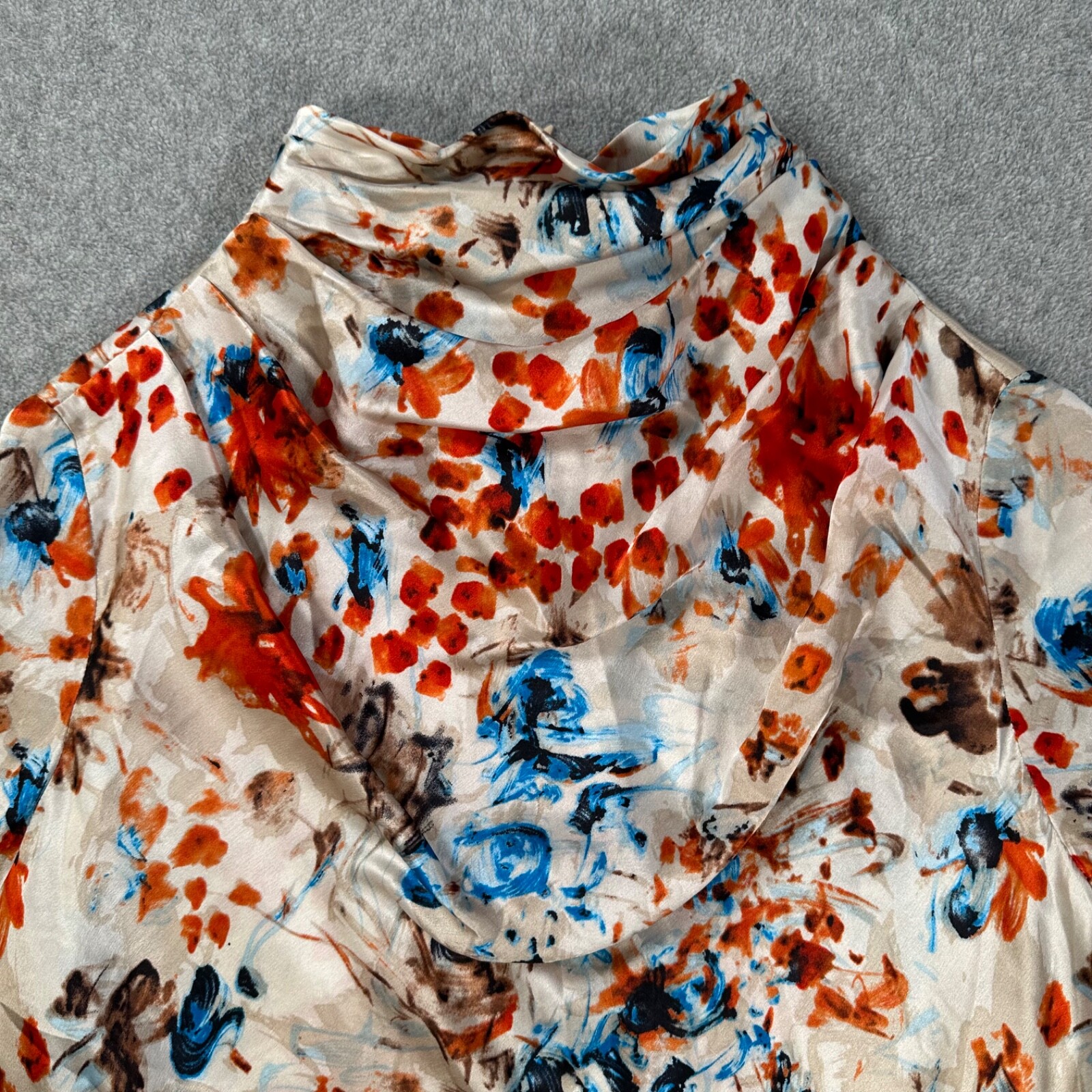 Doncaster Collection Silk Blouse Mock Cowl Neck Women’s 14 Blue Orange Floral