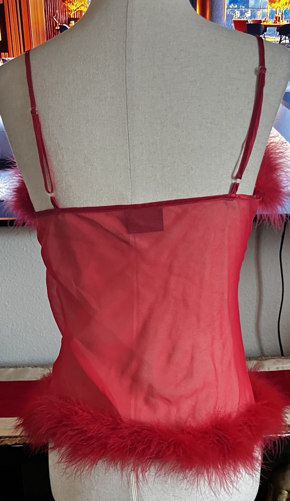 Womens Magic Silk 100% Silk red faux feather-trim babydoll see through tank top