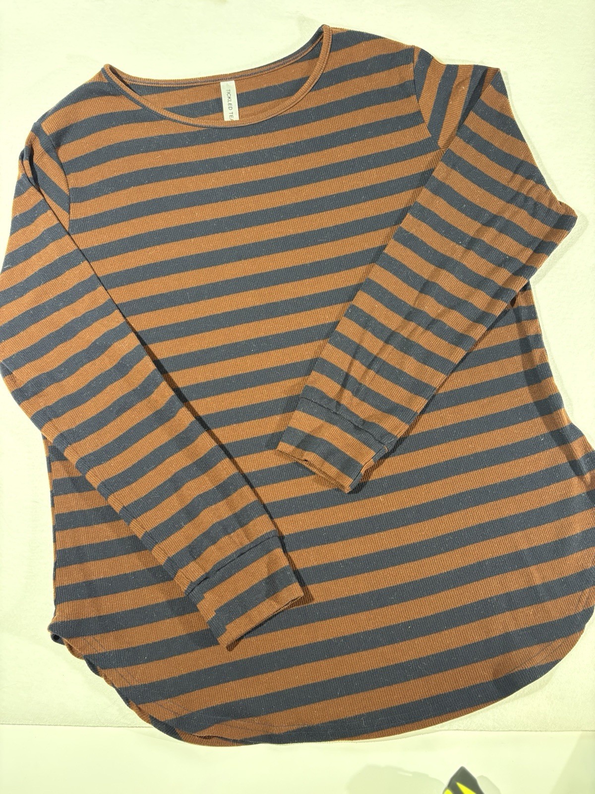 Tickled Teal Women’s Brown/Blue Striped Knit Round Neck Long Sleeve Top L