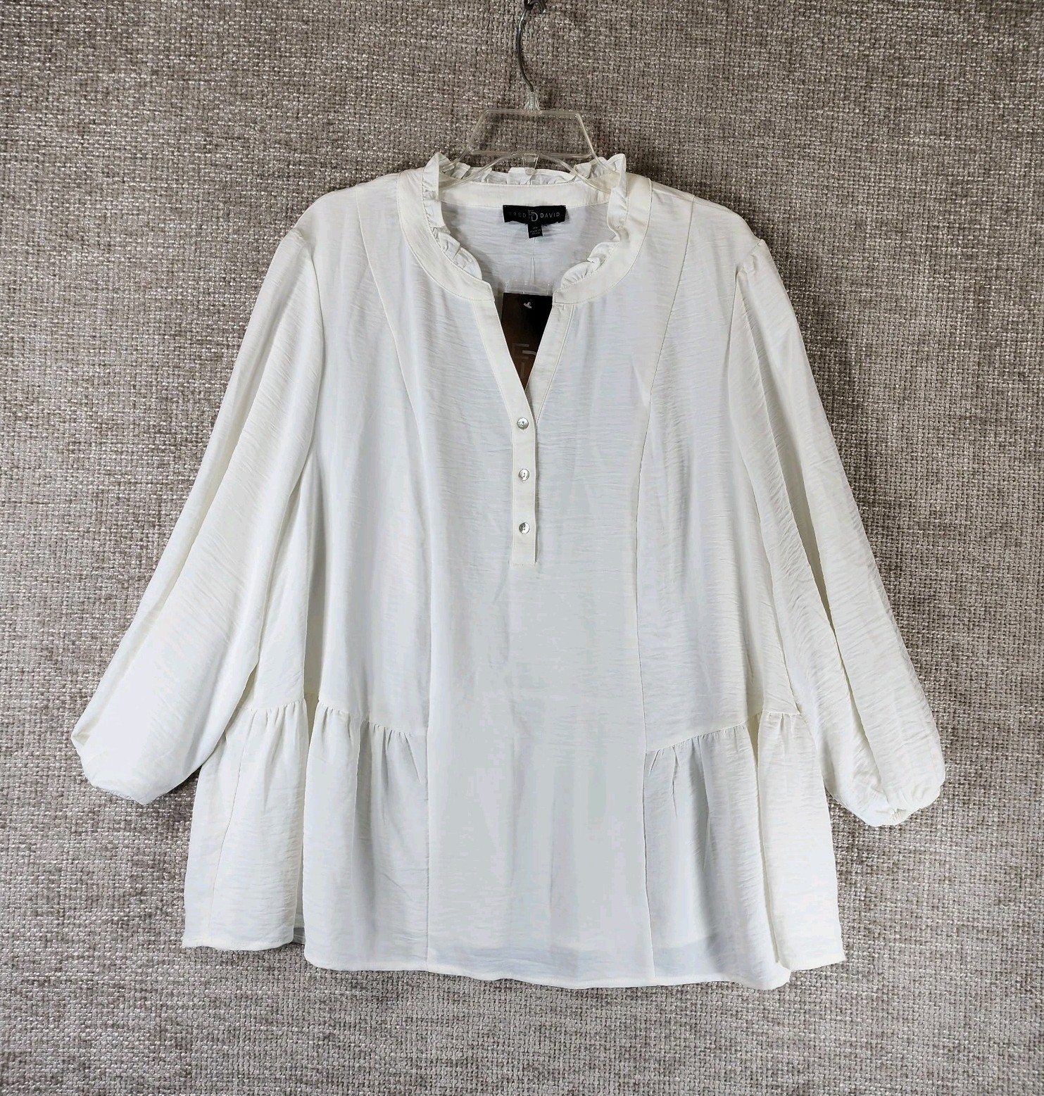 Fred David 1/2 Button Popover Blouse Womens 3X Ivory Peplum Ruffle Collar NWT