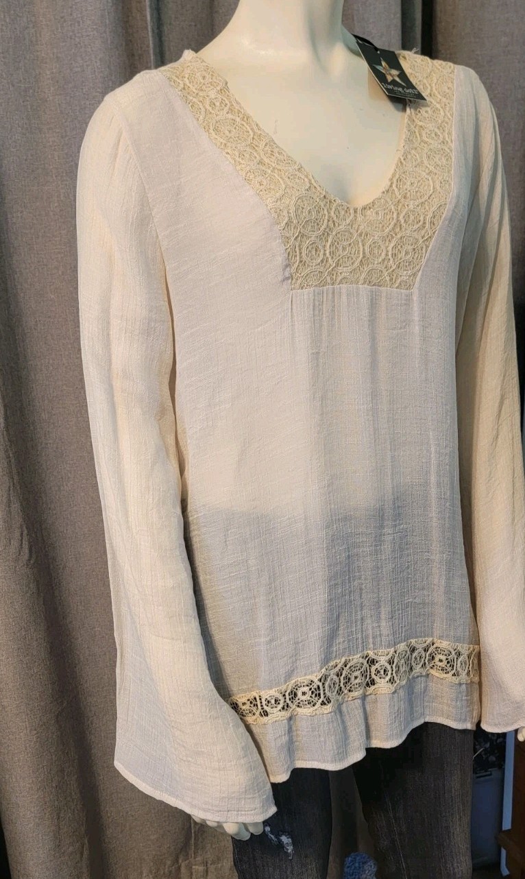 Boho Living Doll Los Angeles Sheer Gauze W/lace Bell Sleeve Tunic NWT L Hippie
