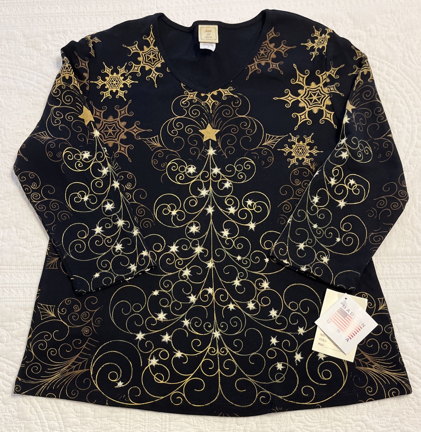 Jess & Jane Christmas Tree Holiday Top L Black Gold Cotton USA Christmas Star
