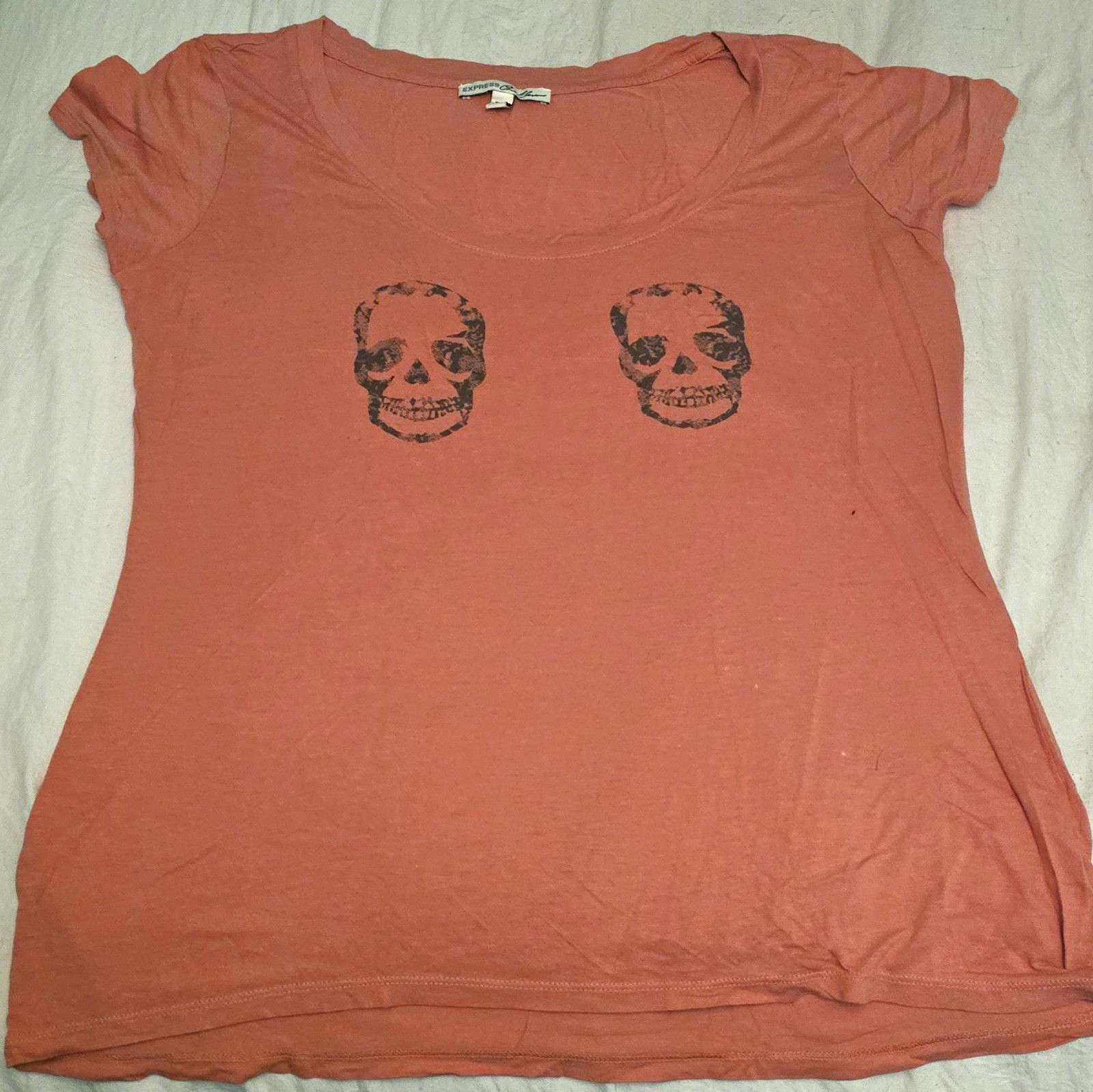 Express One Eleven Pink Cotton Modal Knit Scoop Neck Skull Tee Cap Sleeve M
