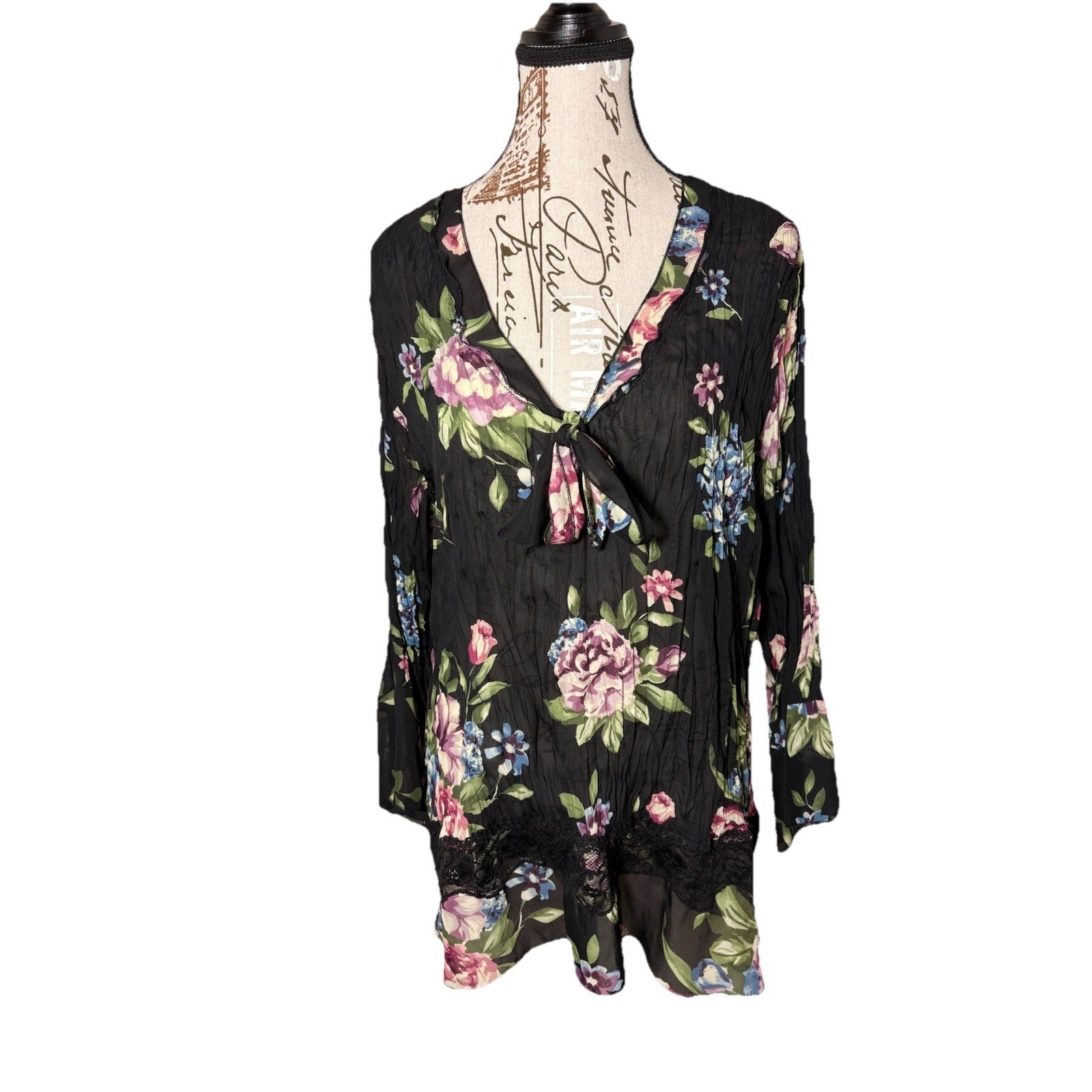 1X Sunny Taylor Floral Crinkle Whimsigoth Western Boho Chiffon Blouse Plus Sz