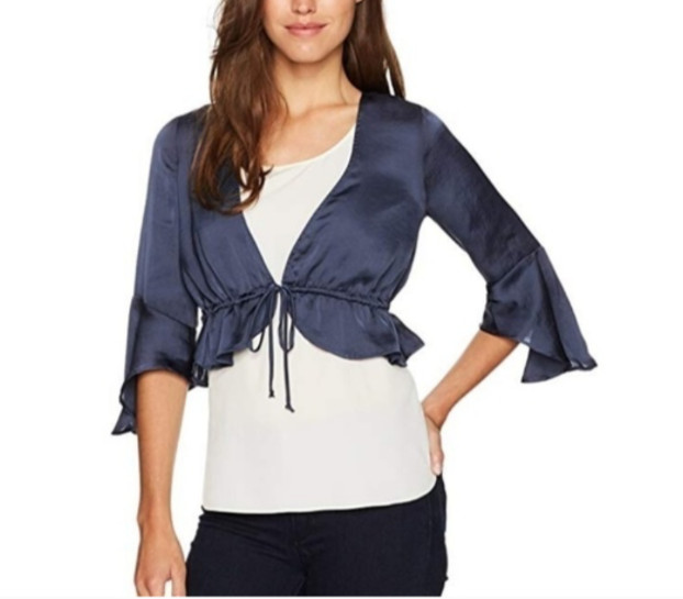 CLAYTON Women’s Small Satin Mabel Top Bell Sleeves Plunging v-neckline B14Z