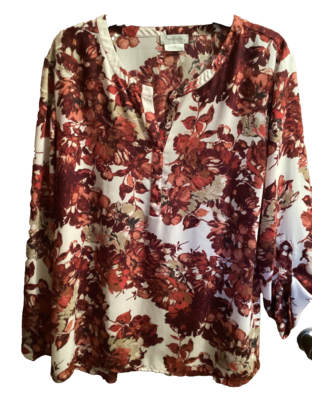 FALL Van Heusen L/XL Tunic Top Floral Leaves Burgandy Orange Brown Adjust Tabs