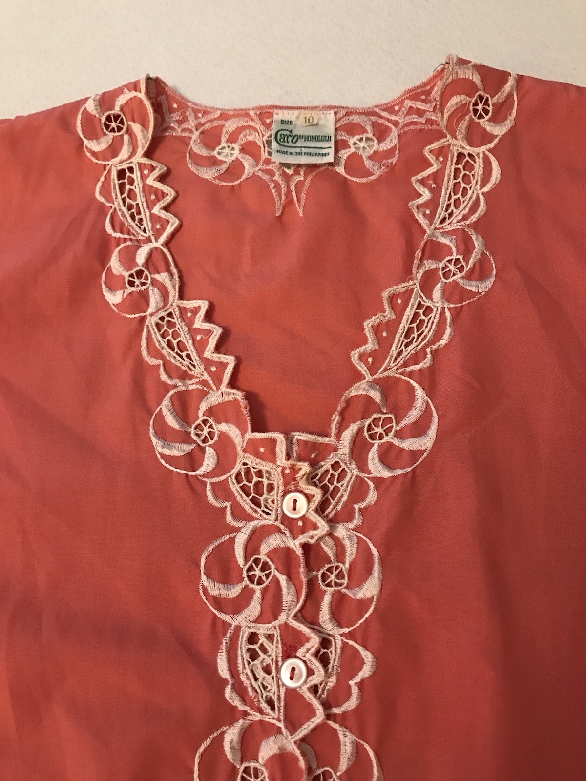 Caro Of Honolulu Womens Sz 10 Medium Embroidered Button Up Tunic Top Boho Orange
