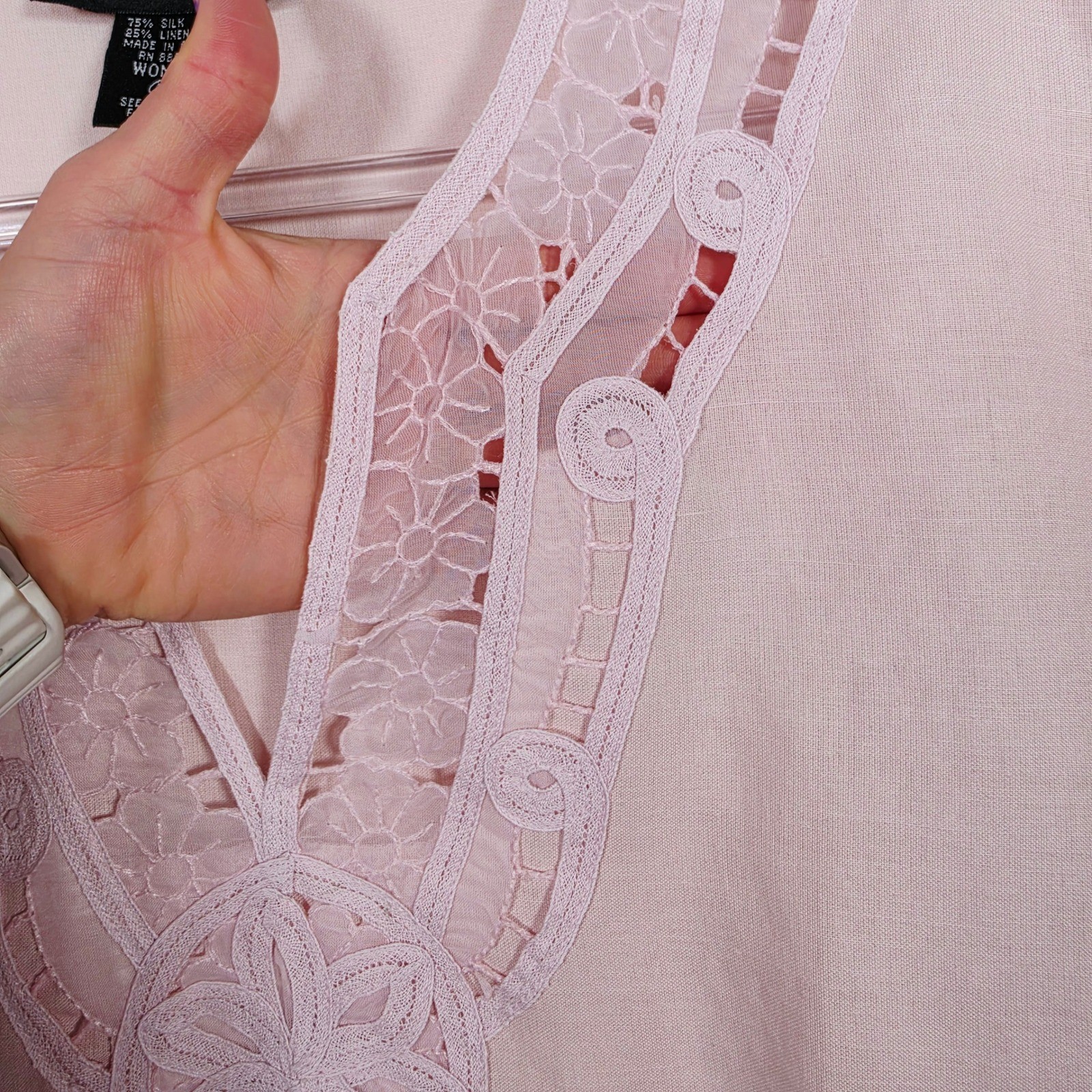 Silkland Woman Silk Linen Tunic Blouse Women’s 2X Pink Boho Lace Lightweight