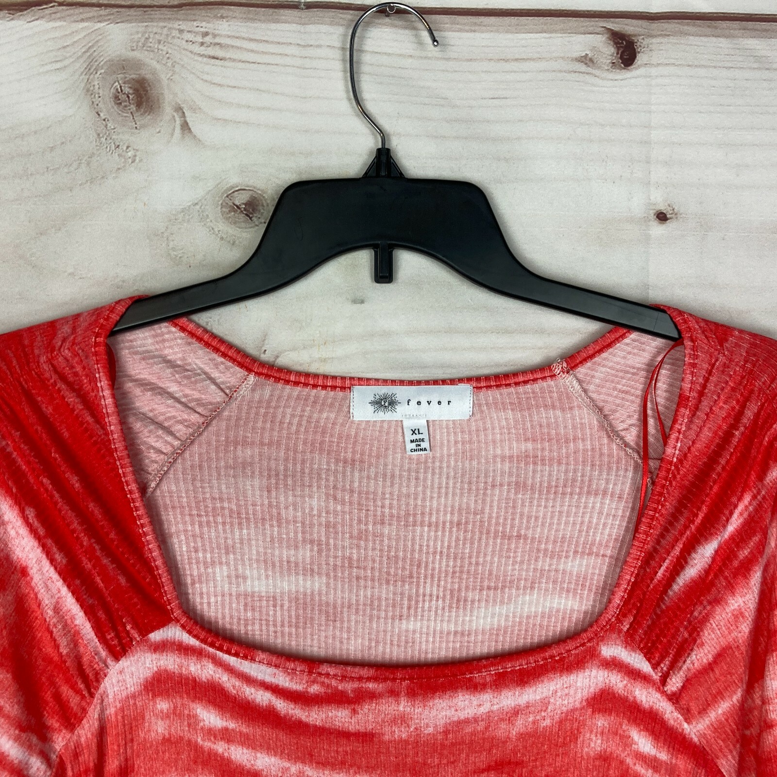 Fever Top Womens XL Red Tie-Dyed Long Sleeve Square Neck Ribbed Knit T-Shirt