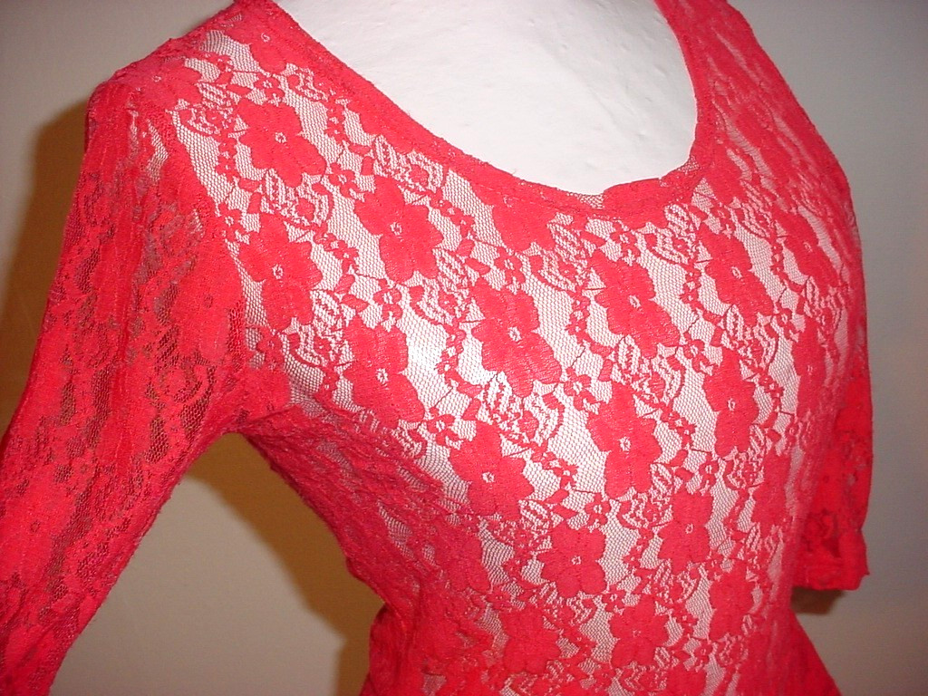 Seduction Sheer Lace Top Size Small Peplum Skirt Stretch Melon Pink 3/4 Sleeve