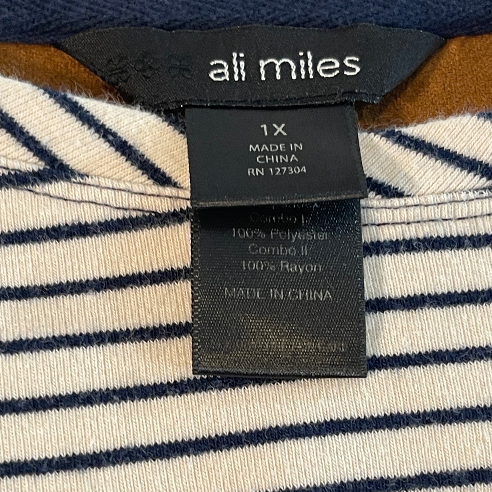 Ali Miles Striped Mixed Media Top Elbow Patch Tribal Print Plus 1X RN 127304