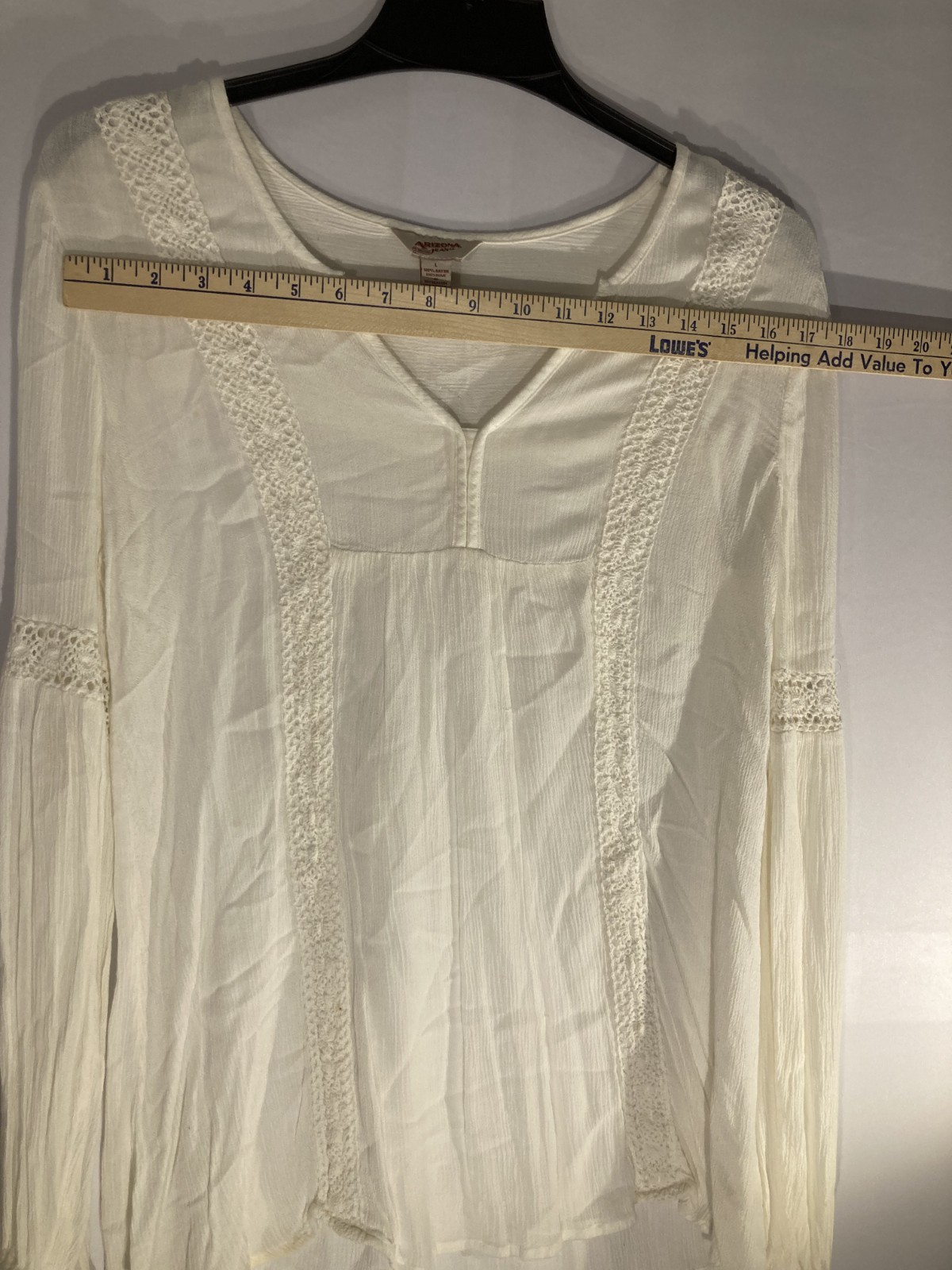 Original Arizona Jean Co Peasant Top Womens L White Crochet Lace Long Sleeve