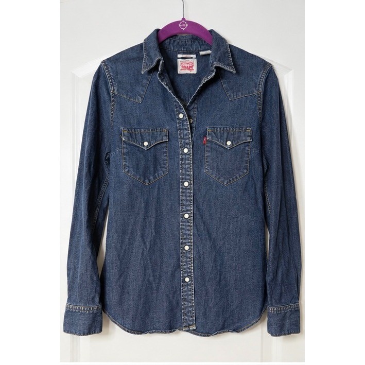 Levis Womens Tailored Fit Denim Western Shirt Dark Wash Snap Front Small