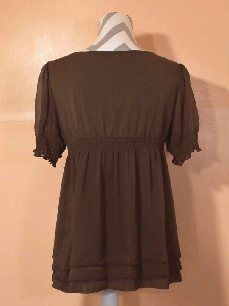 ECI New York Brown Chiffon Short Sleeve Babydoll Lined Blouse, Rosettes, Size 10