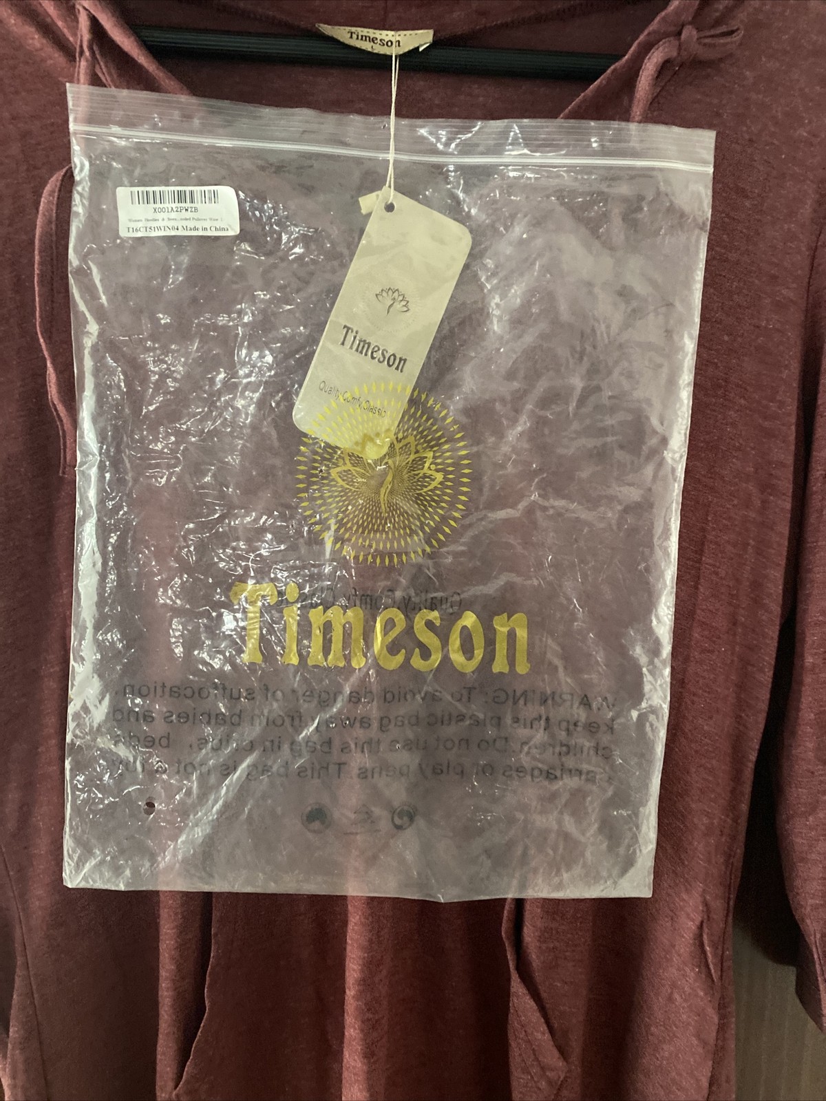 Timeson Hoodie Womens L Wine Pullover Kangaroo Pocket V Neck Mid Sleeve – New