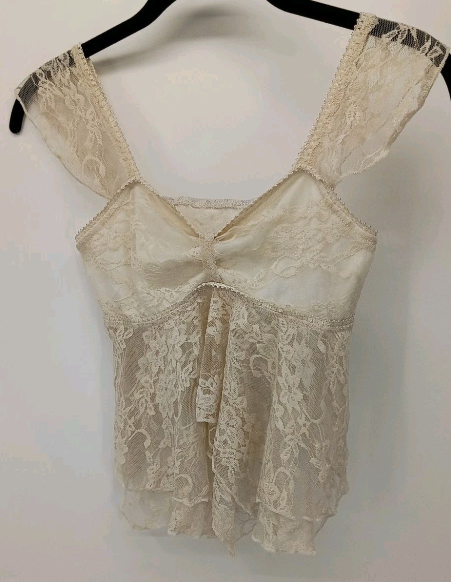 Vintage Style Cream Lace Babydoll Cami Tank Top Sheer Fairy Grunge Coquette XS