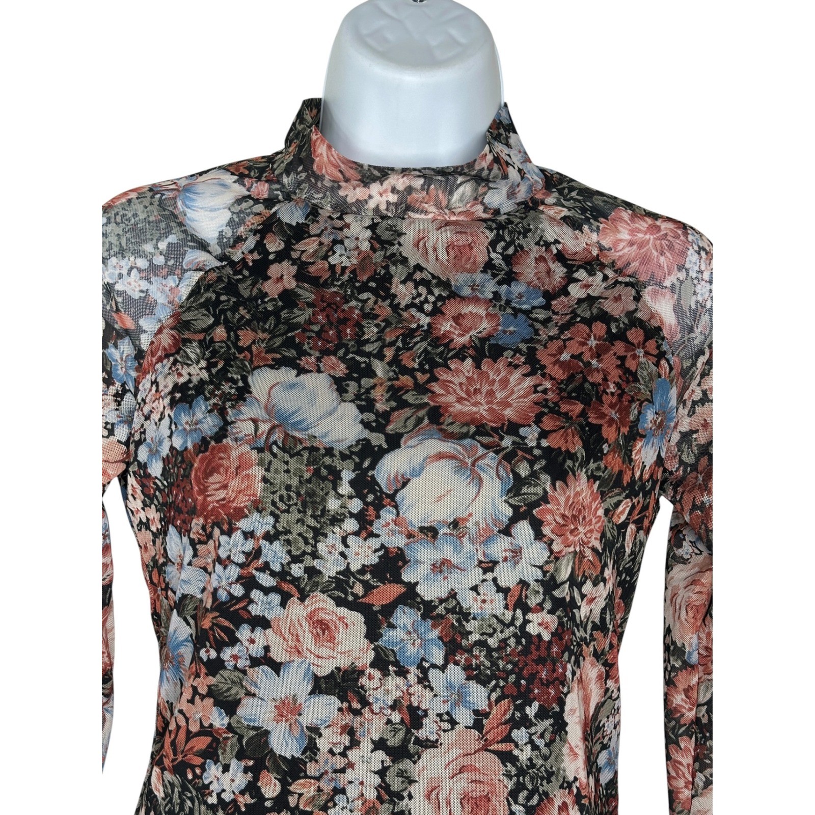 Dealmore Floral Mesh Top Small Sheer Mock Neck Boho Feminine Girly Romance