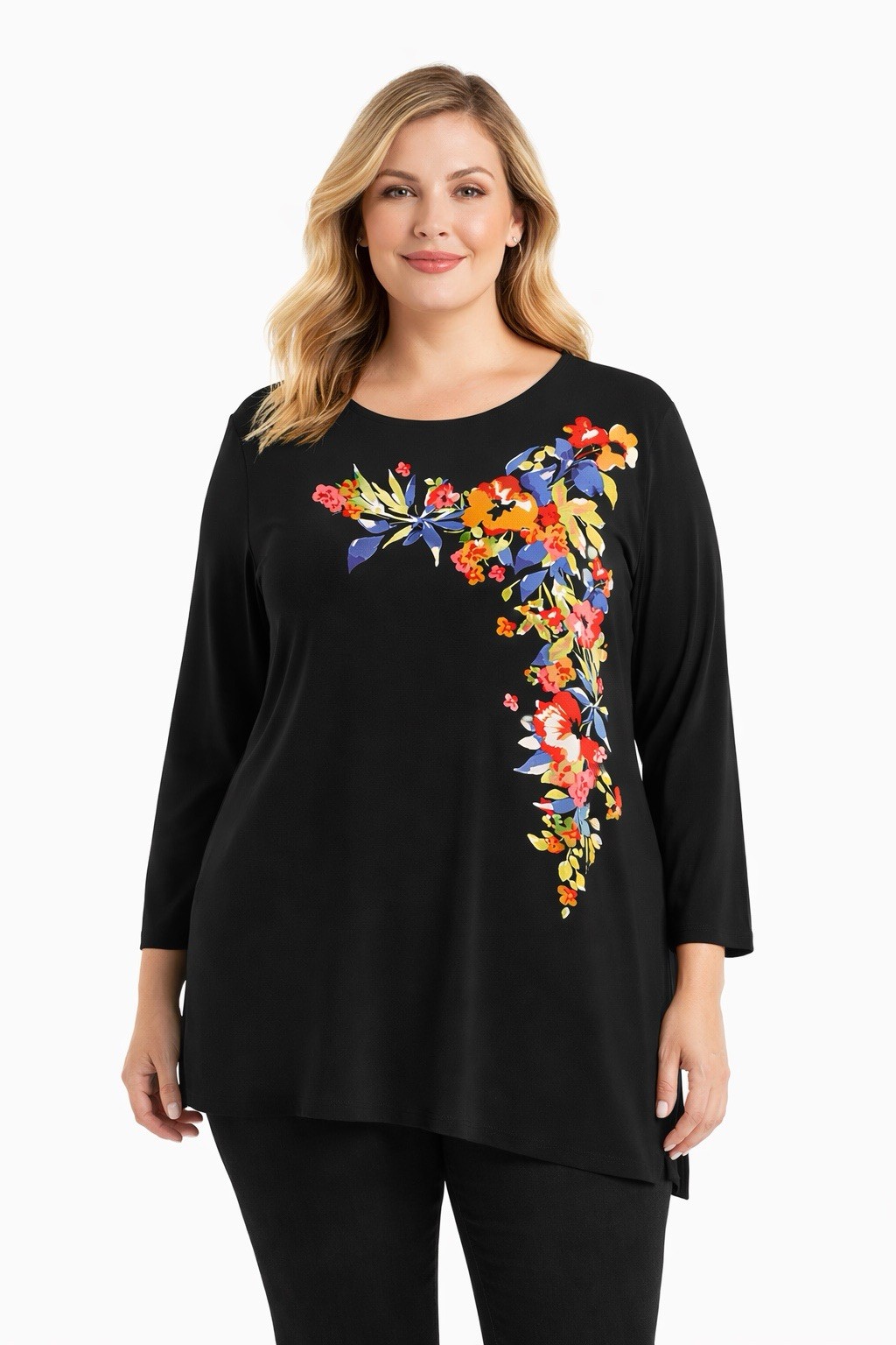 SLIM FACTOR by Investments $79 Black Asymmetric Hem Black Floral Tunic Top 3X