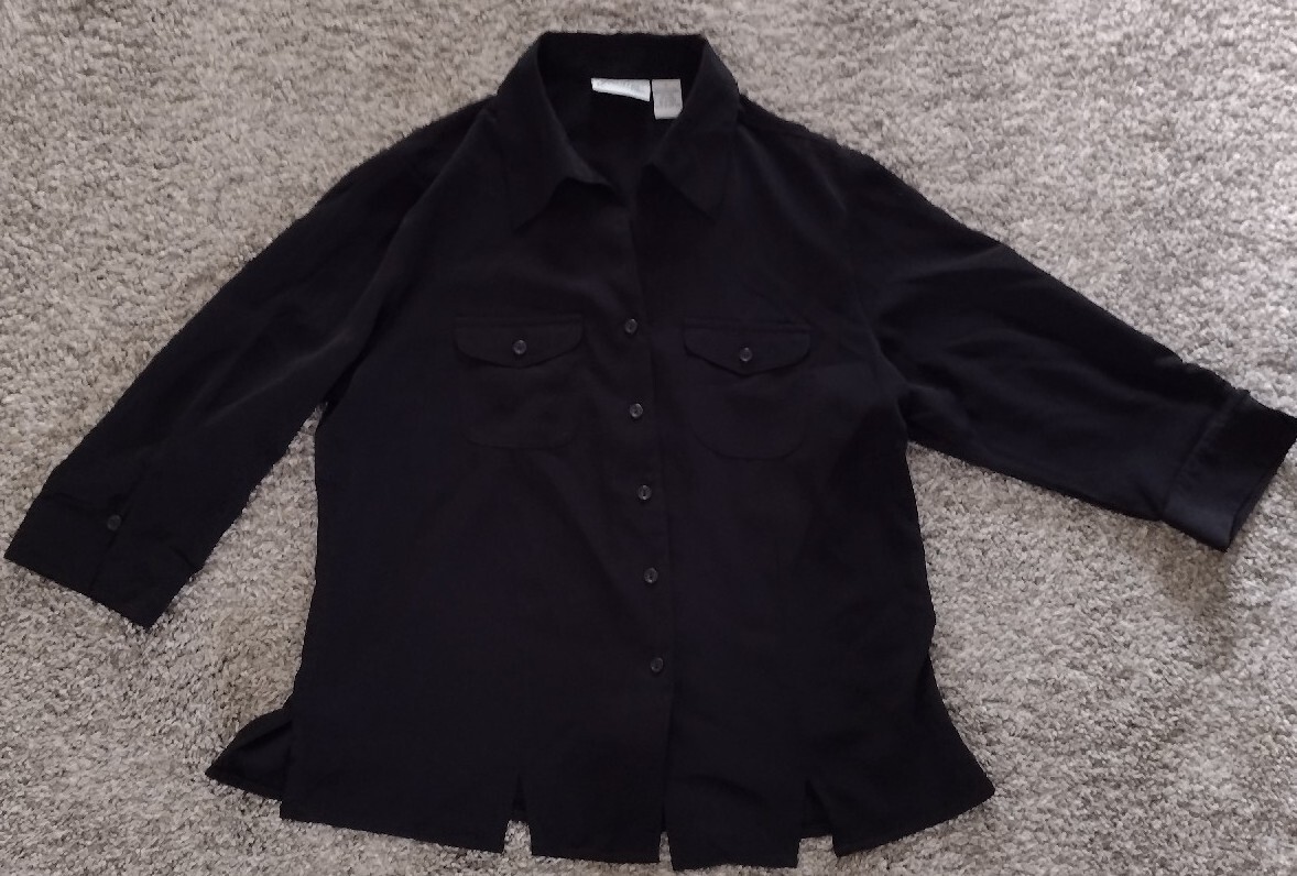 Women’s Vintage Joanna Blouse Top 3/4 Sleeve Black Sz M Bottom Slits CLEAN