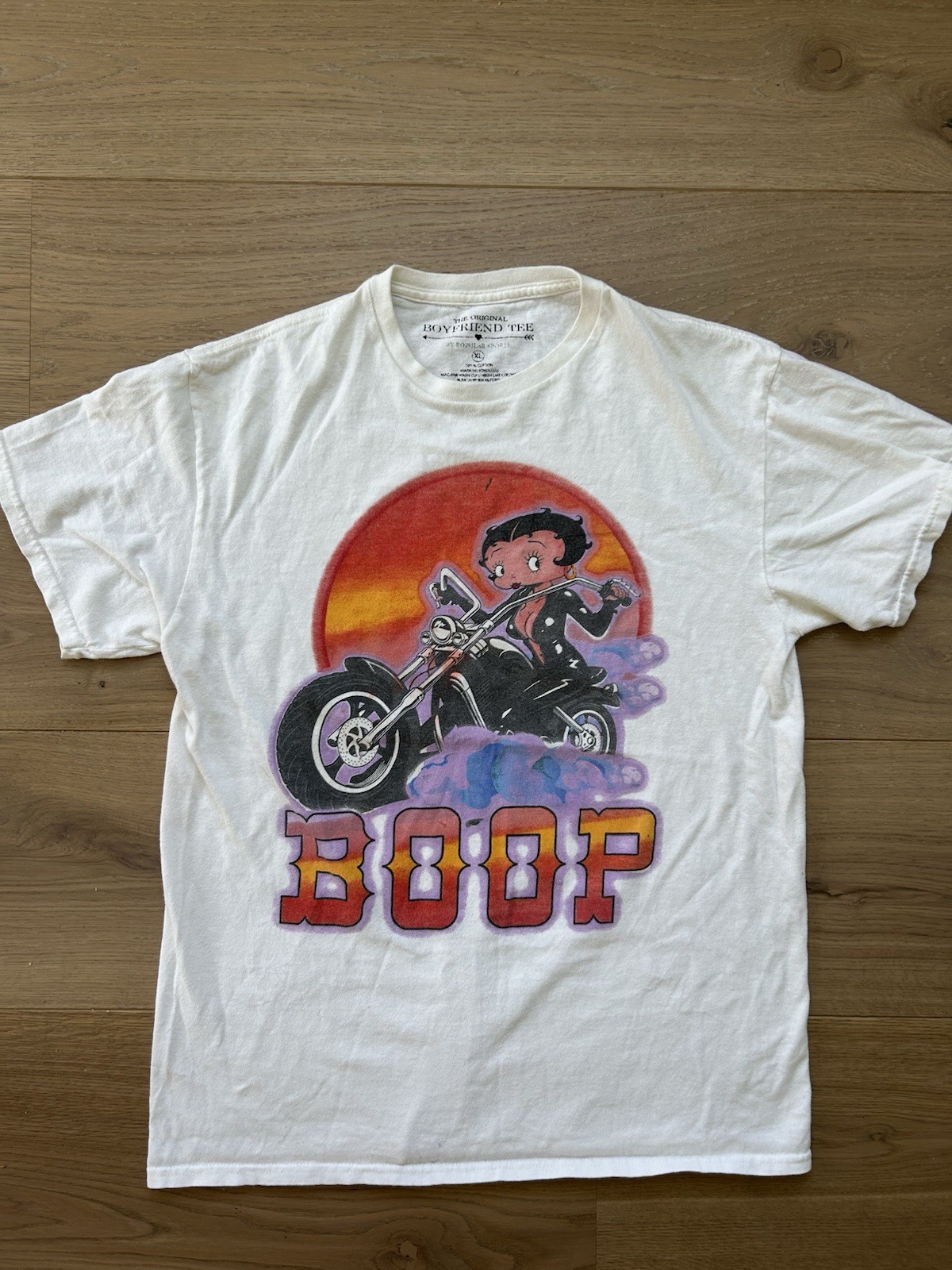 Women’s Betty Boop Motorcycle Sunset T-Shirt Size XL White Short Sleeve Cotton
