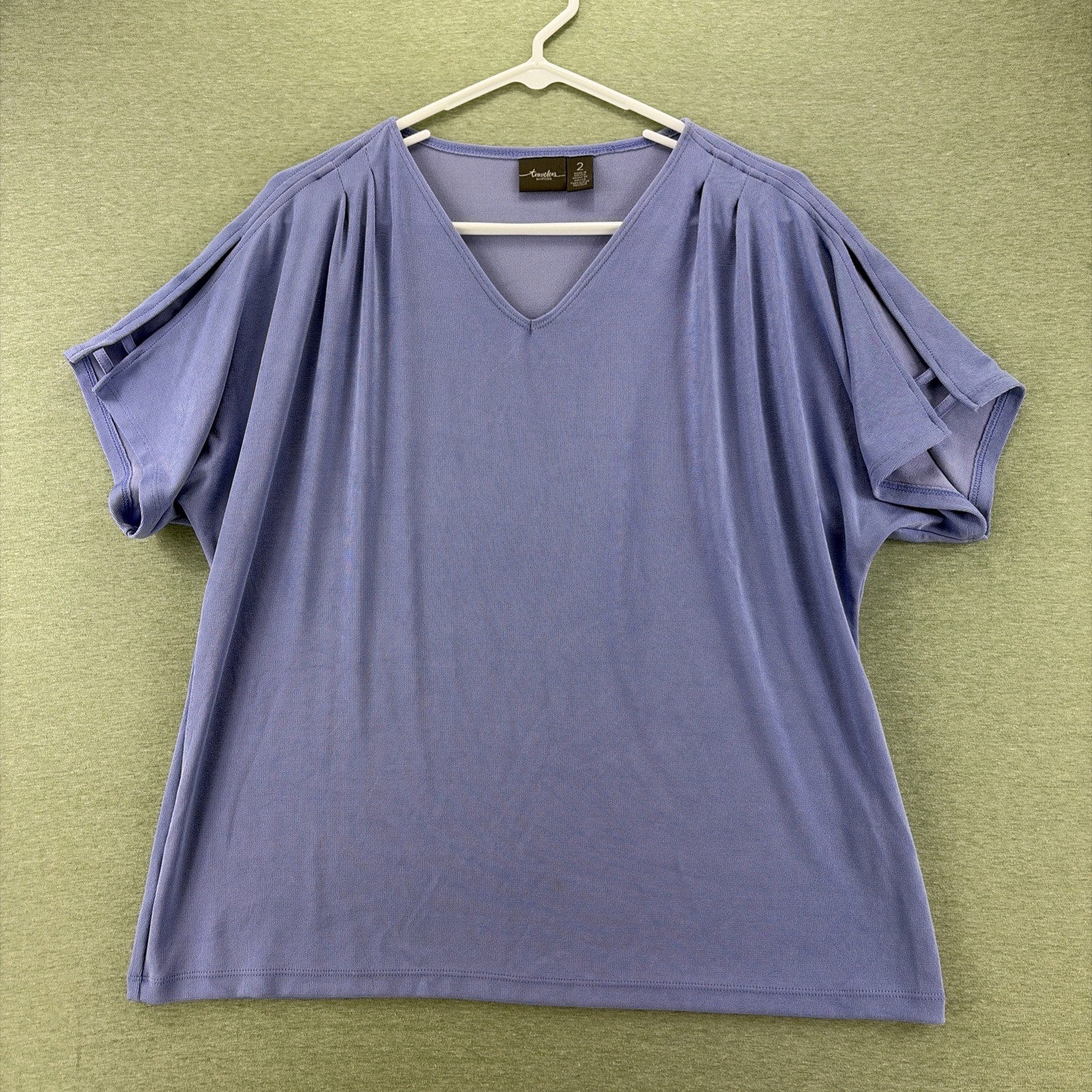 Travelers by CHICO Short Sleeve Top Womens Size 2 Purple V Neck Open Sleeve