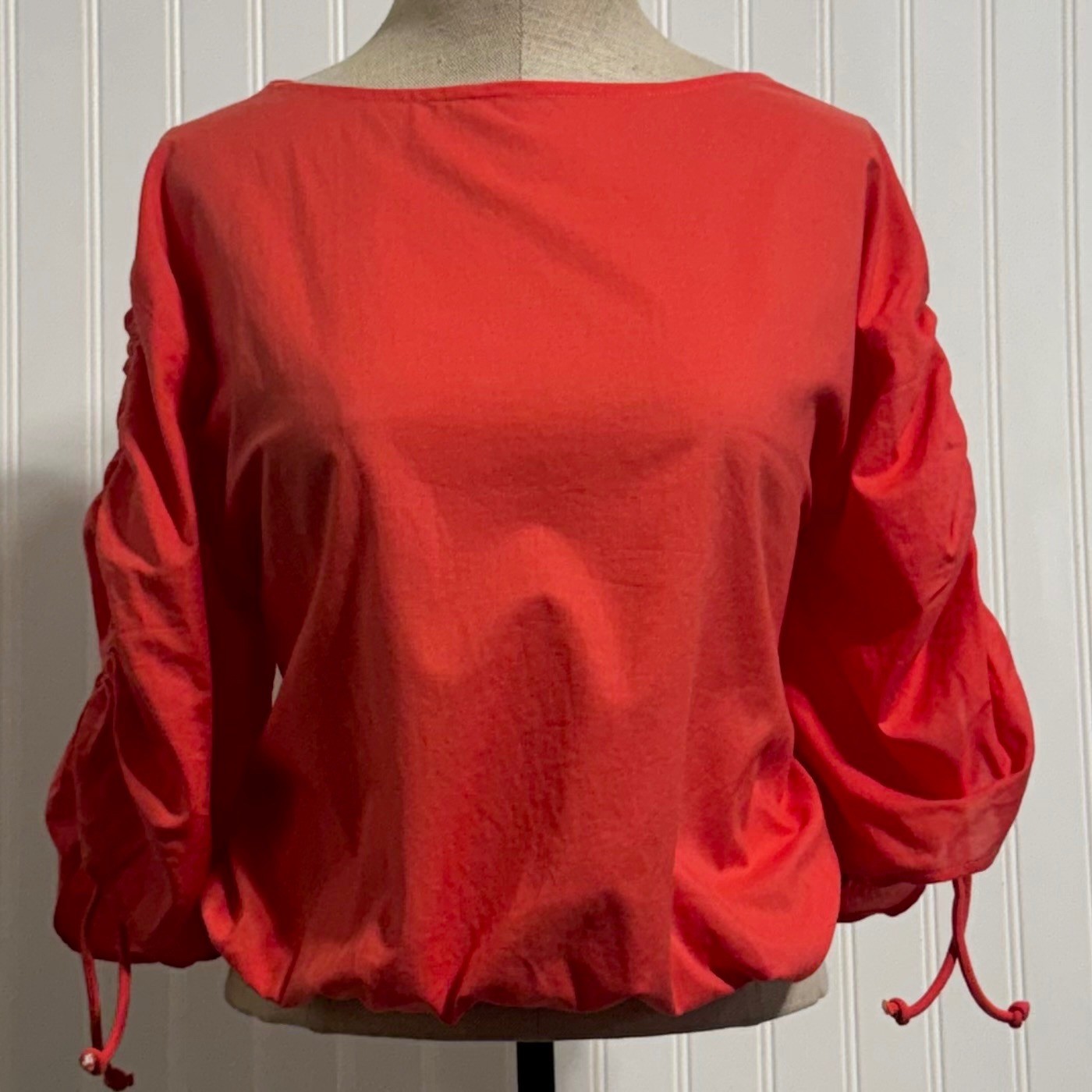Emporio Armani Women Size 42 Blouse Coral Pink Cotton Balloon Sleeve Ruched Top