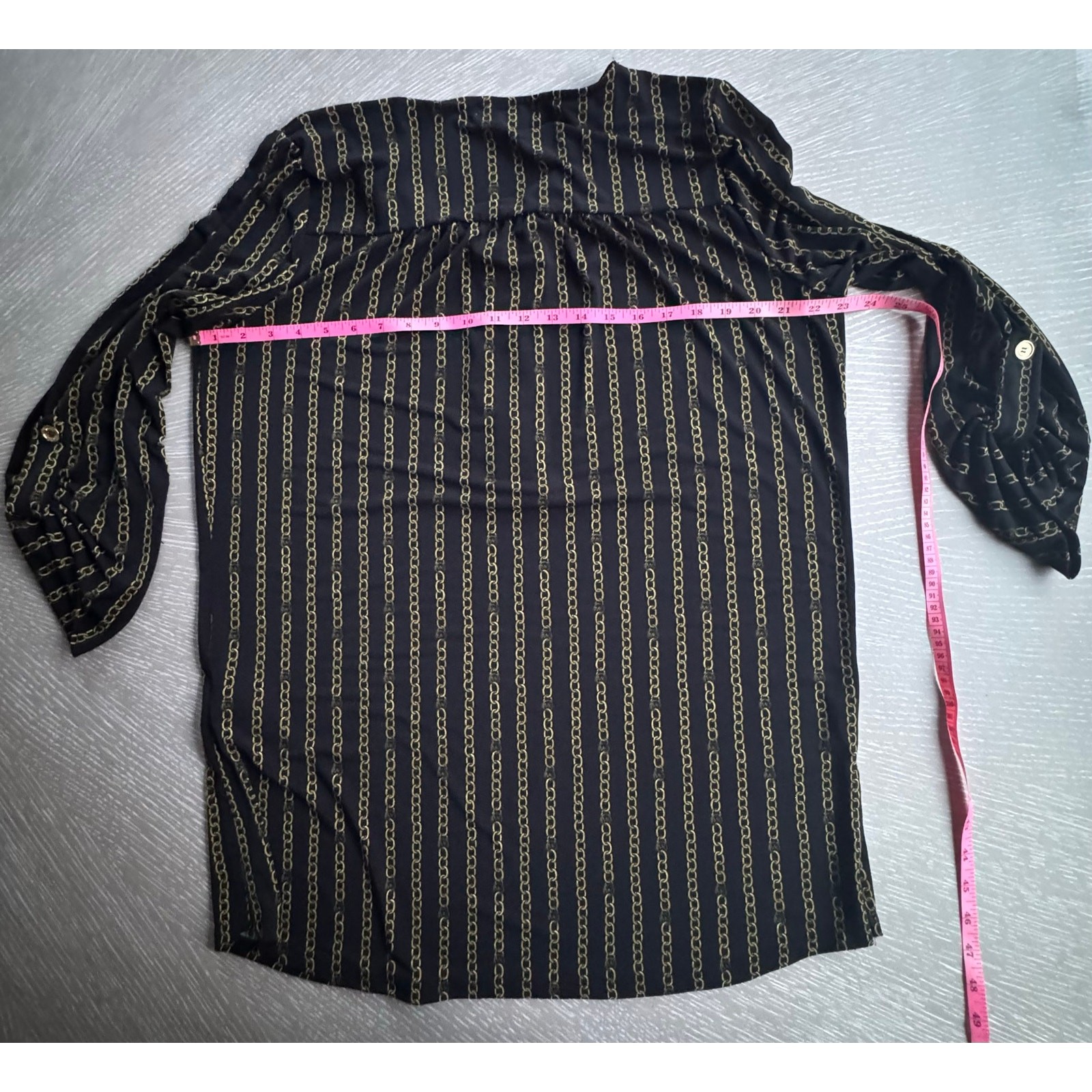 Michael Kors Chain Stripe Tunic Blouse Black Gold Zip Front Roll Tab XL