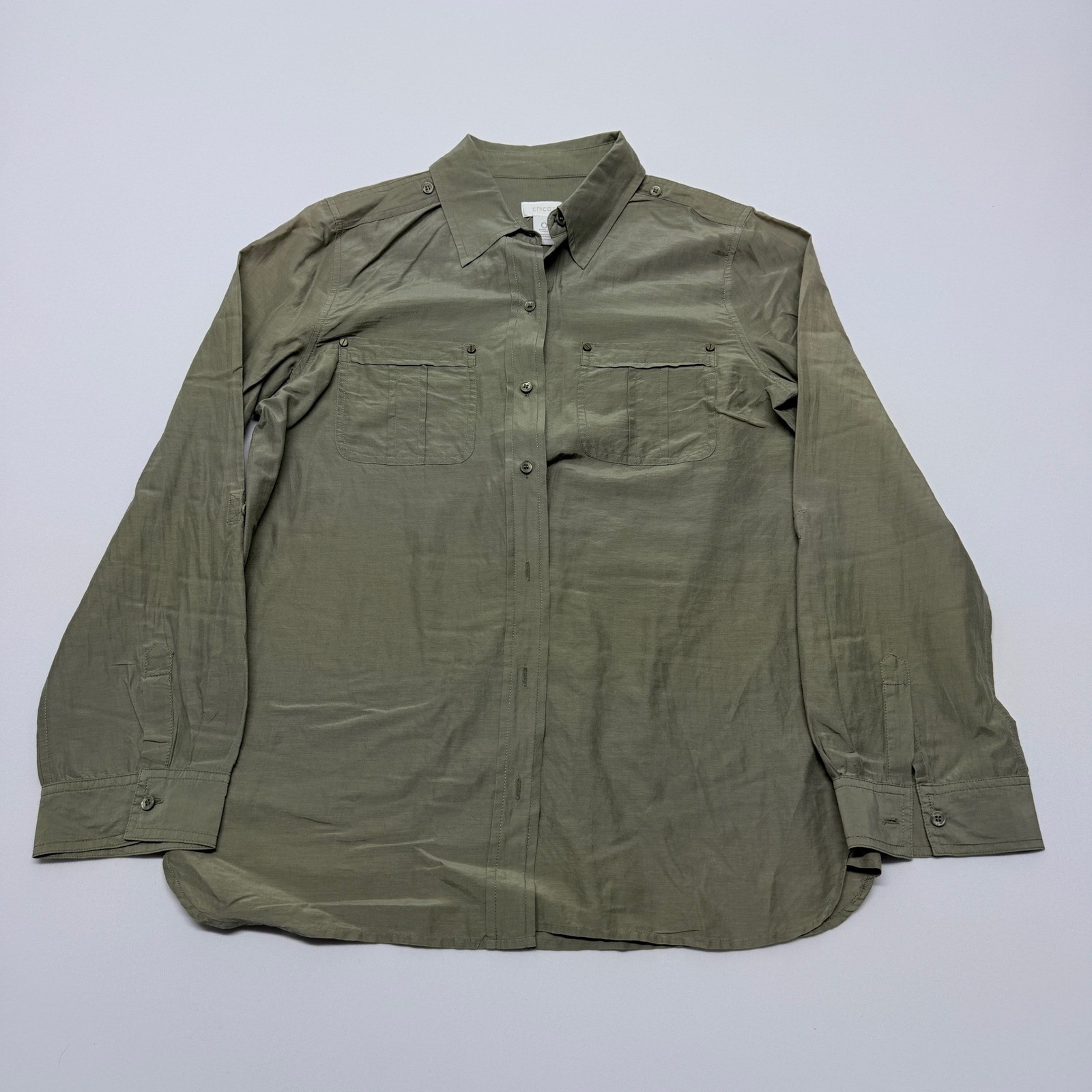 Chicos Olive Green Cotton Silk Blend Utility Button Down Shirt Size 0 S Long Slv