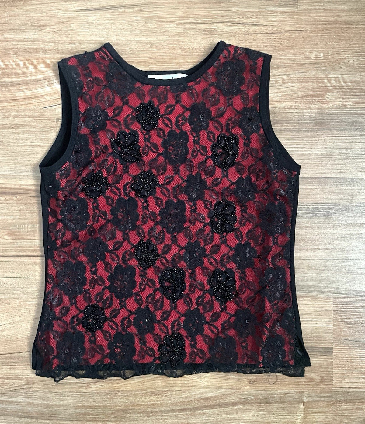 Vintage Joseph A. Red Black Floral Lace Beaded Sleeveless Round Neck Top Size L